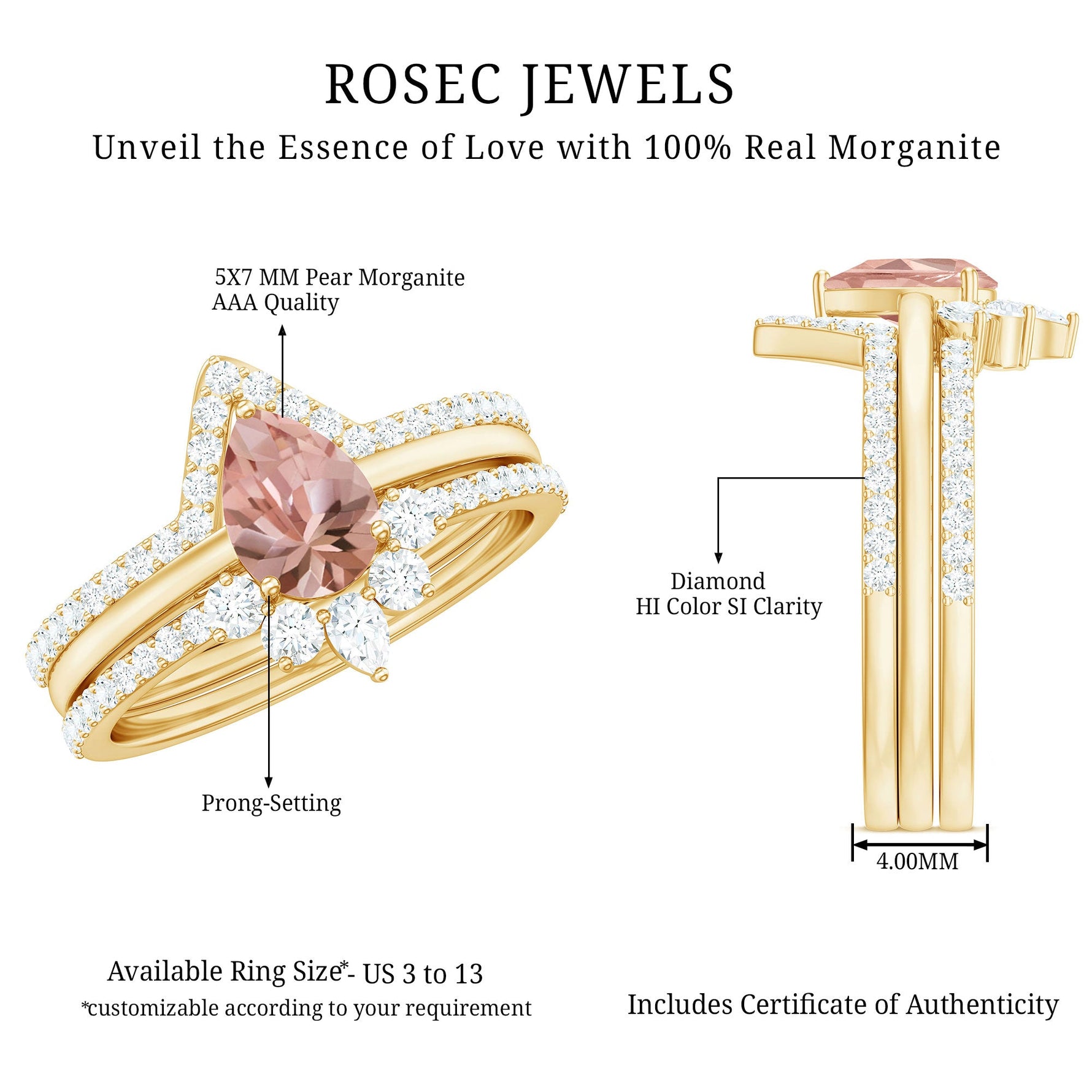 Morganite Trio Wedding Ring Set with Diamond