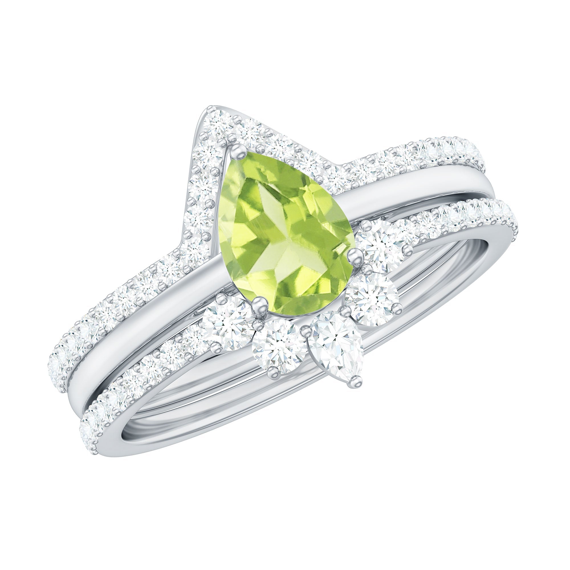 Pear Cut Peridot Trio Wedding Ring Set with Moissanite