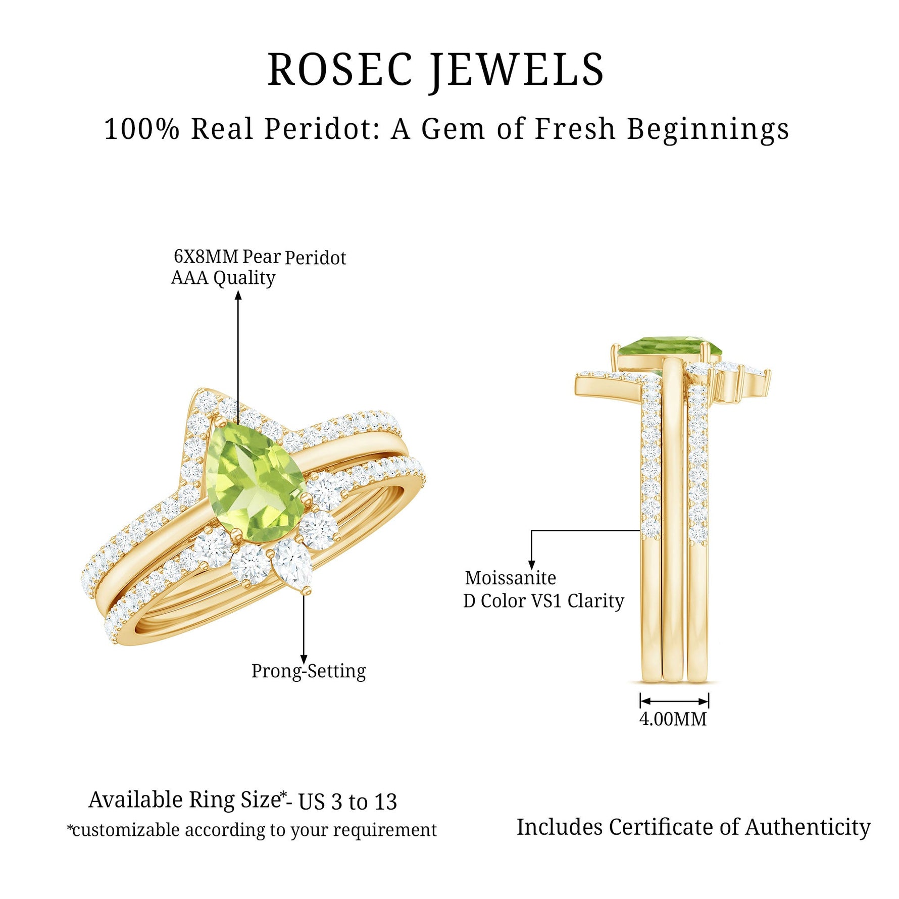 Pear Cut Peridot Trio Wedding Ring Set with Moissanite