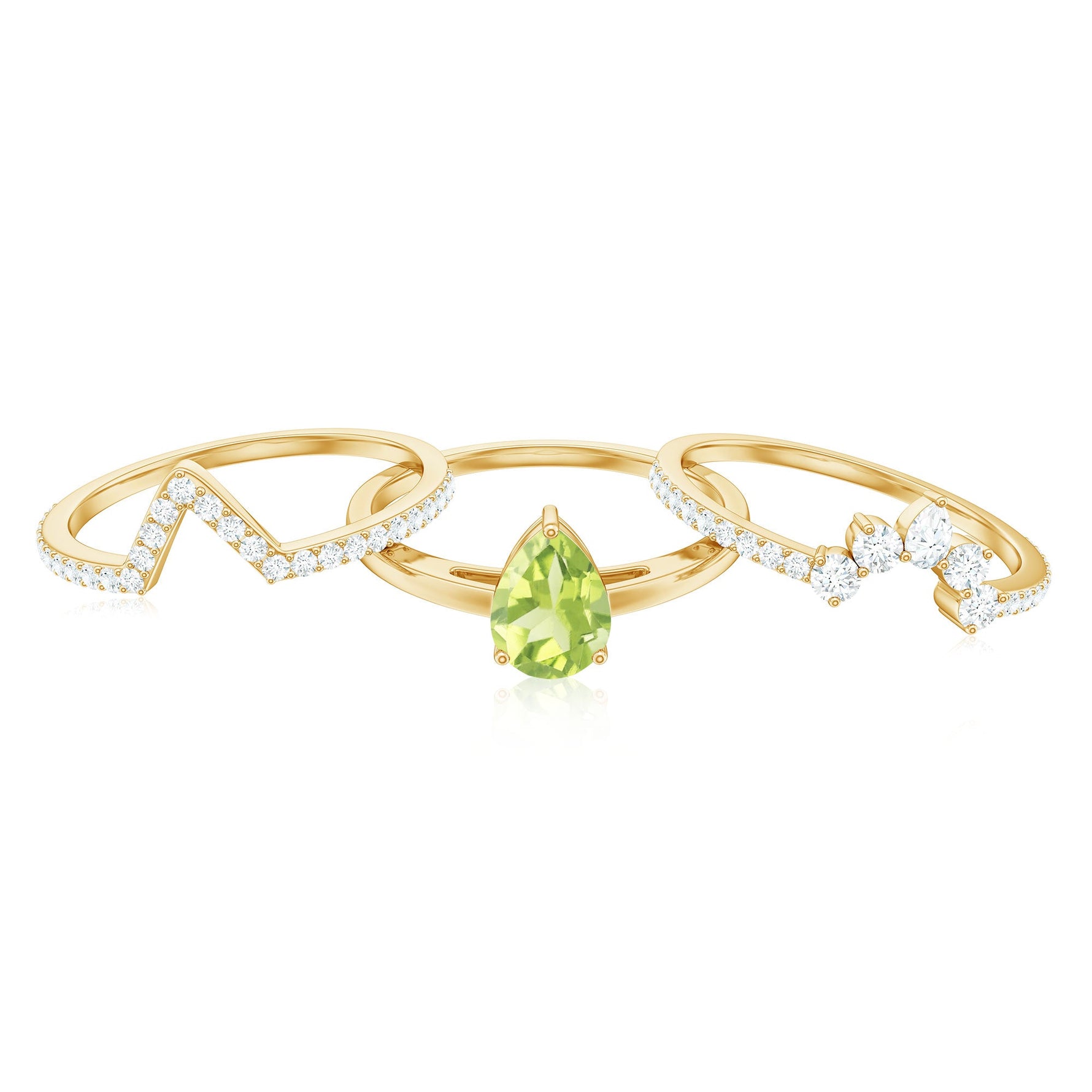 Pear Cut Peridot Trio Wedding Ring Set with Moissanite