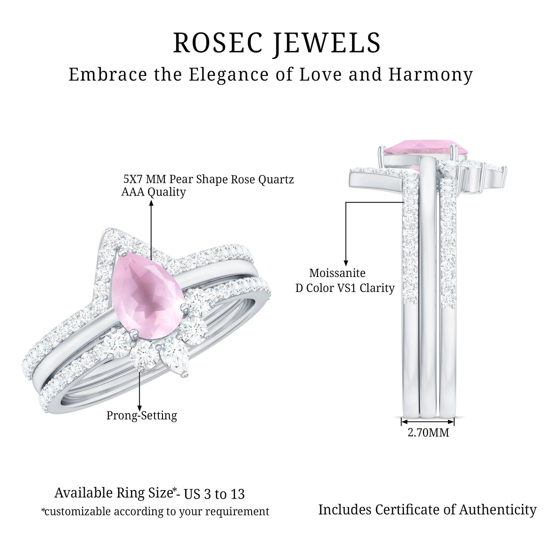 Pear Cut Rose Quartz Trio Wedding Ring Set with Moissanite