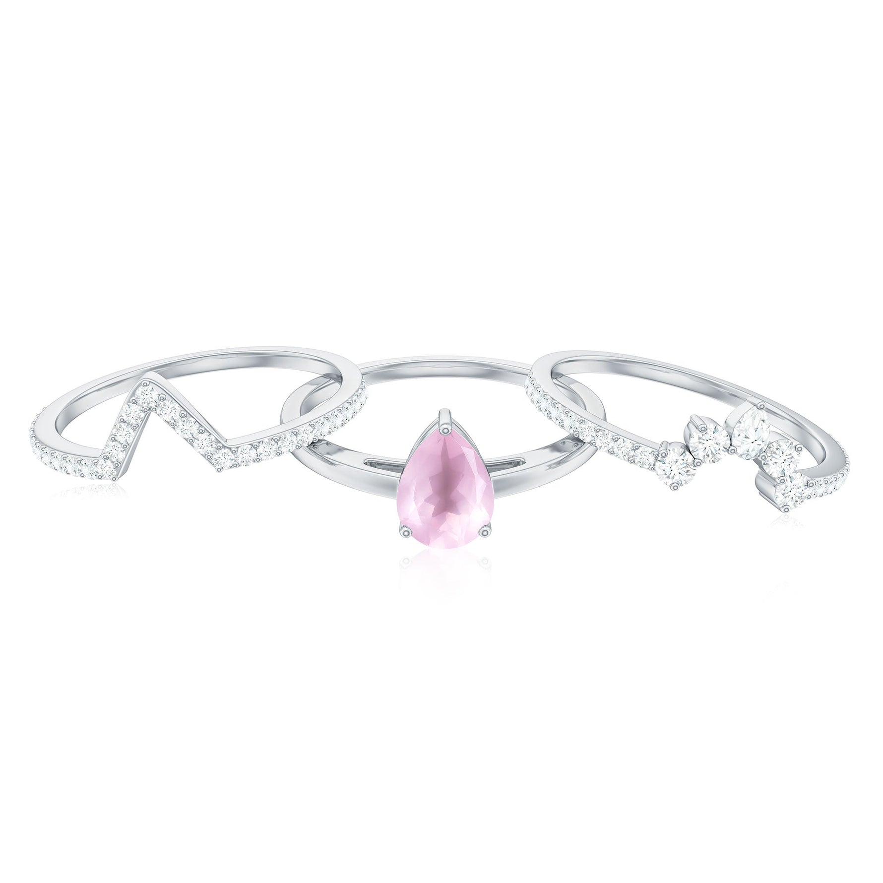 Pear Cut Rose Quartz Trio Wedding Ring Set with Moissanite
