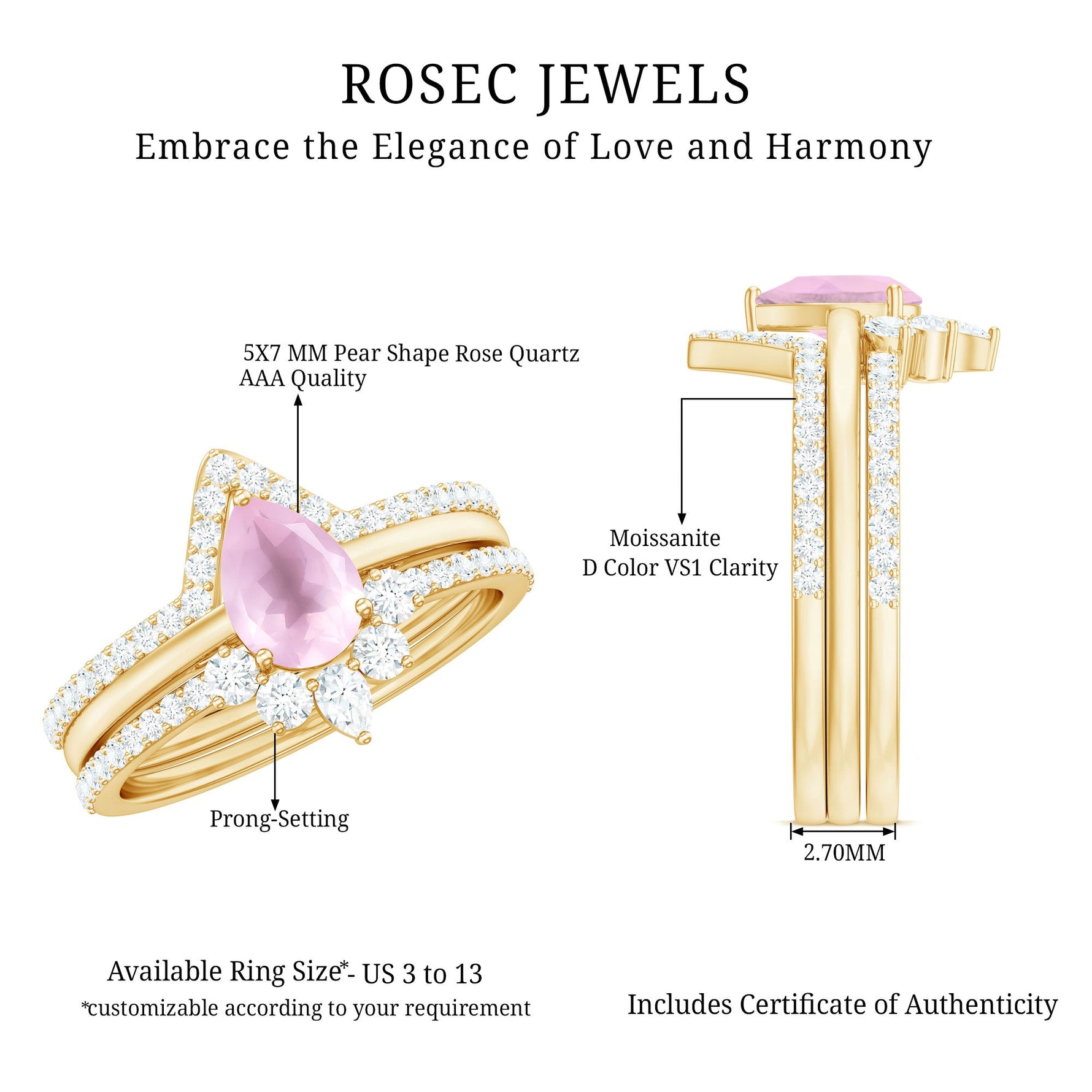 Pear Cut Rose Quartz Trio Wedding Ring Set with Moissanite