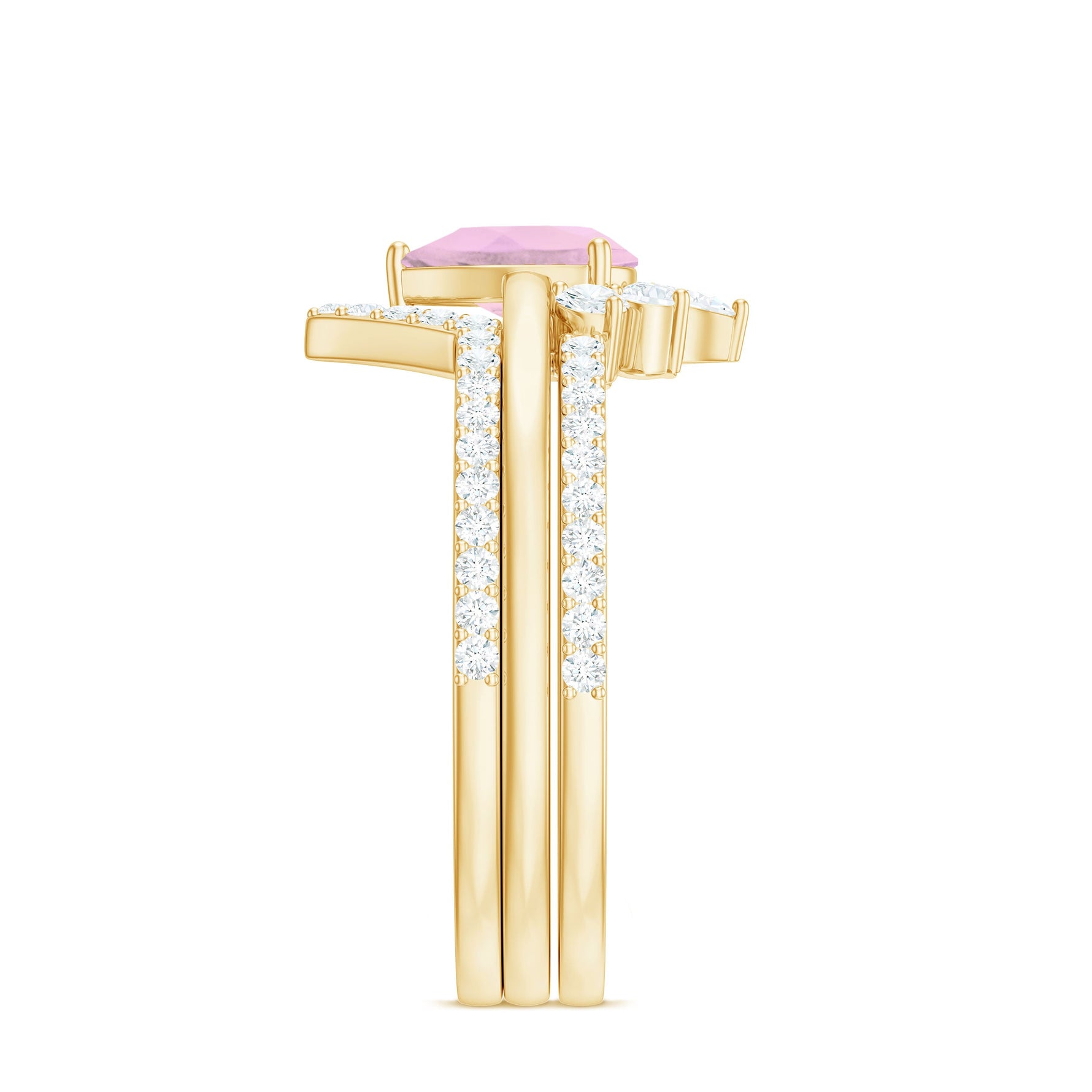 Pear Cut Rose Quartz Trio Wedding Ring Set with Moissanite