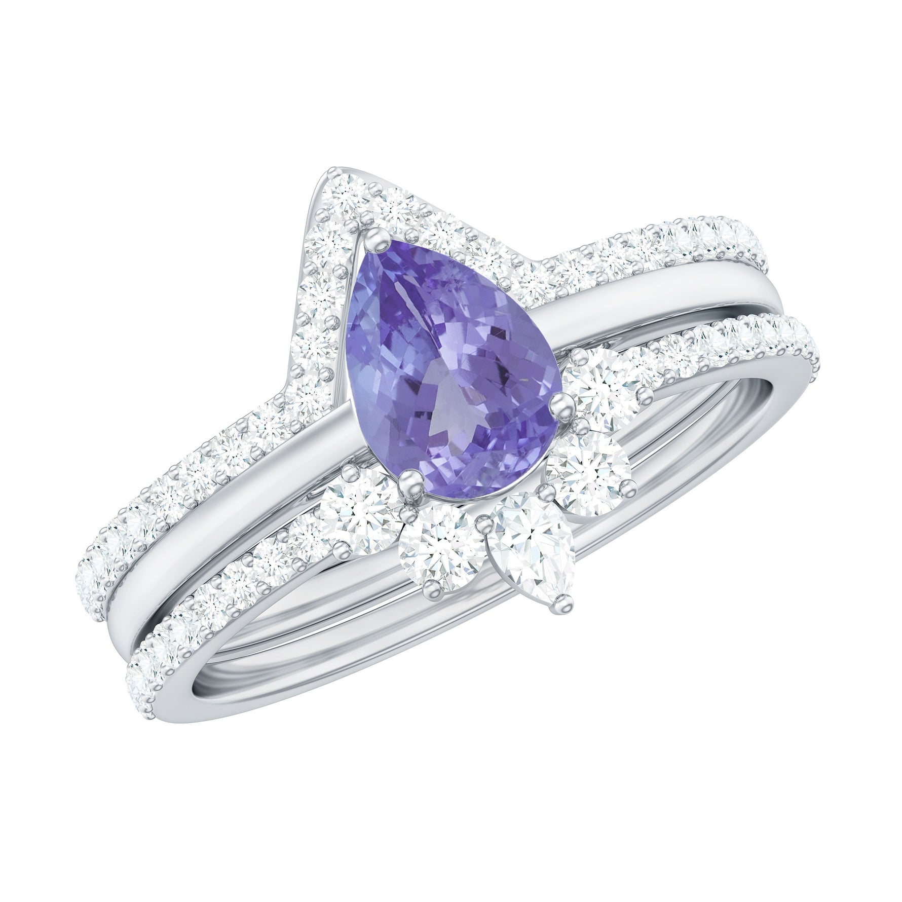 Pear Cut Tanzanite Trio Wedding Ring Set with Diamond