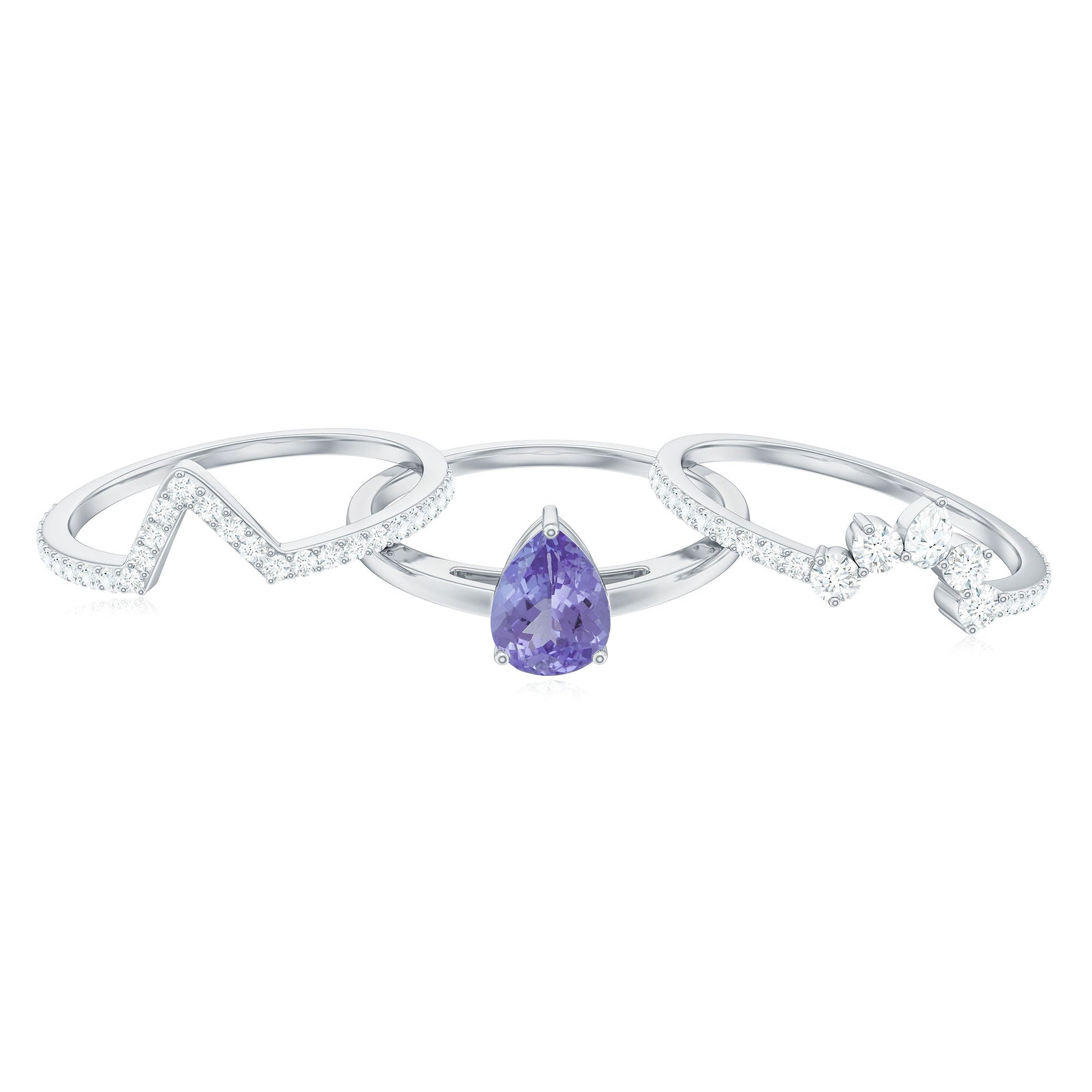 Pear Cut Tanzanite Trio Wedding Ring Set with Diamond