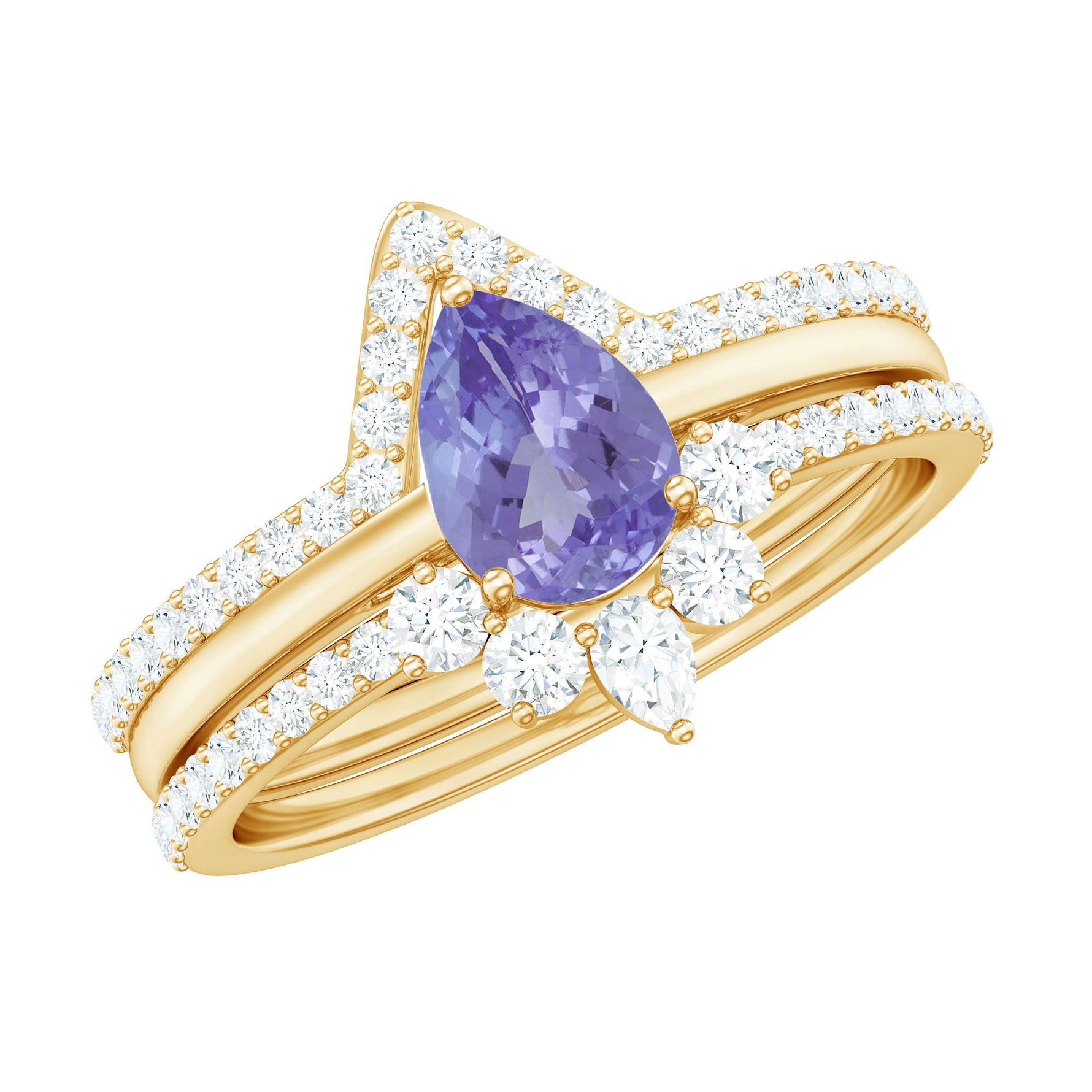 Pear Cut Tanzanite Trio Wedding Ring Set with Diamond