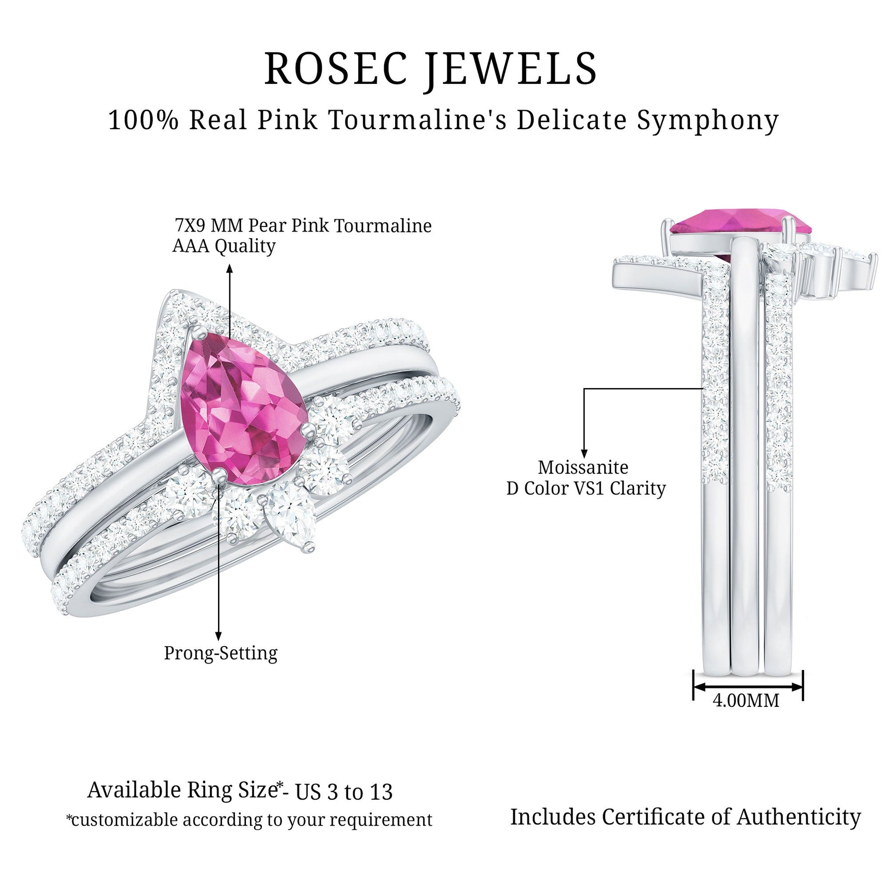 Pear Cut Pink Tourmaline Trio Wedding Ring Set with Moissanite