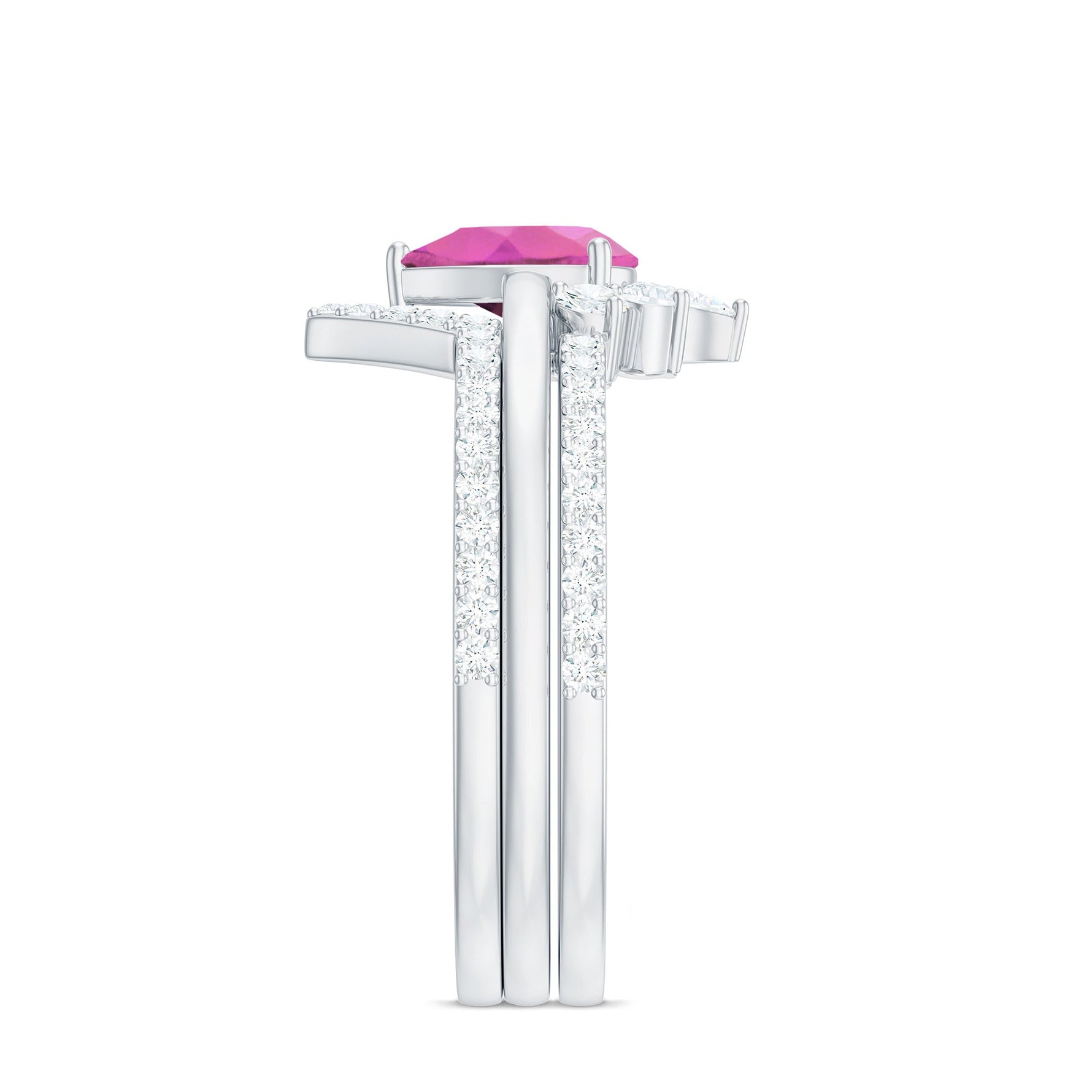 Pear Cut Pink Tourmaline Trio Wedding Ring Set with Moissanite