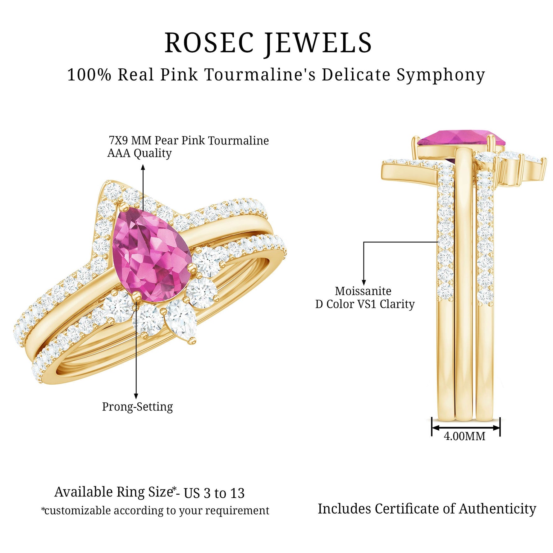 Pear Cut Pink Tourmaline Trio Wedding Ring Set with Moissanite