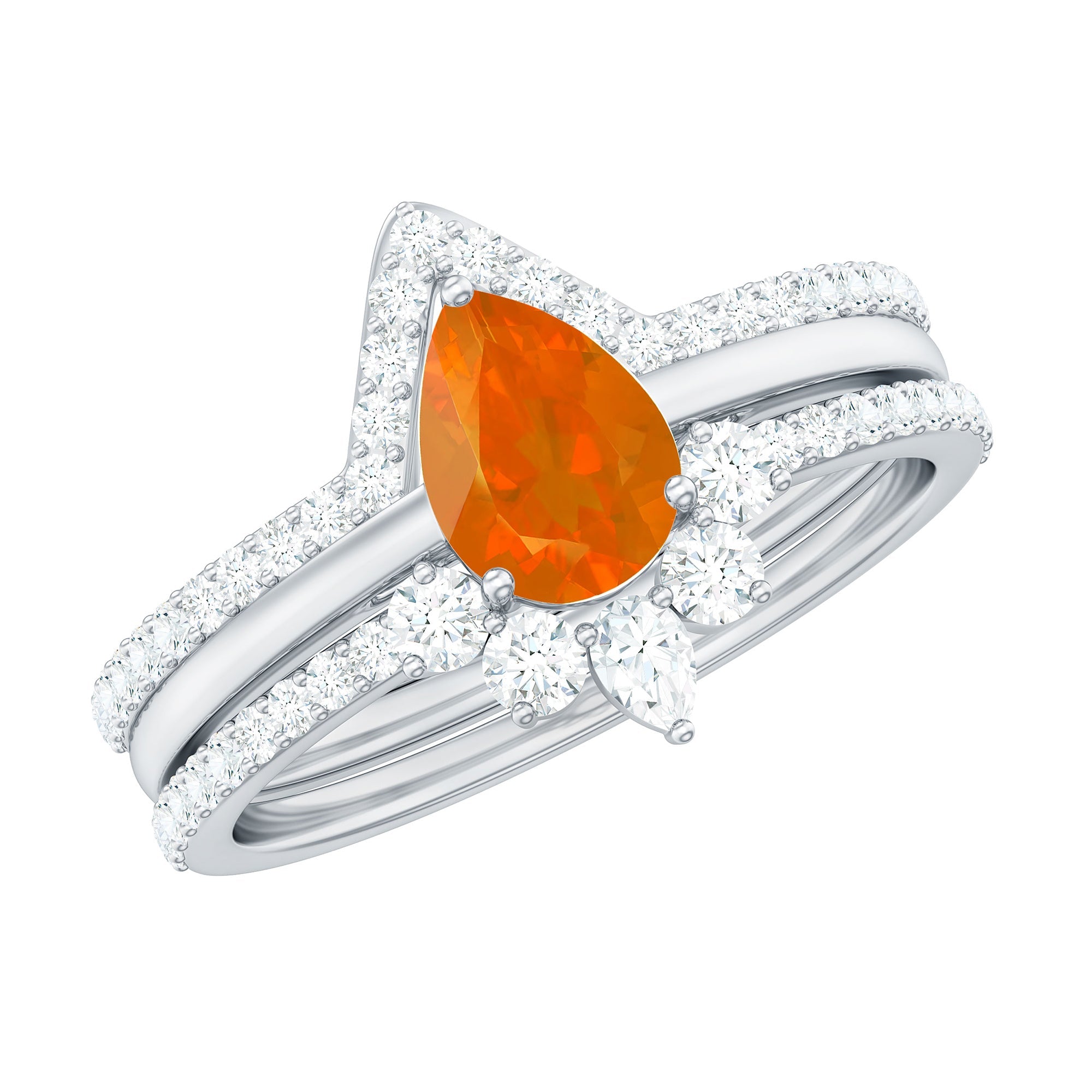 Pear Cut Fire Opal Trio Wedding Ring Set with Moissanite