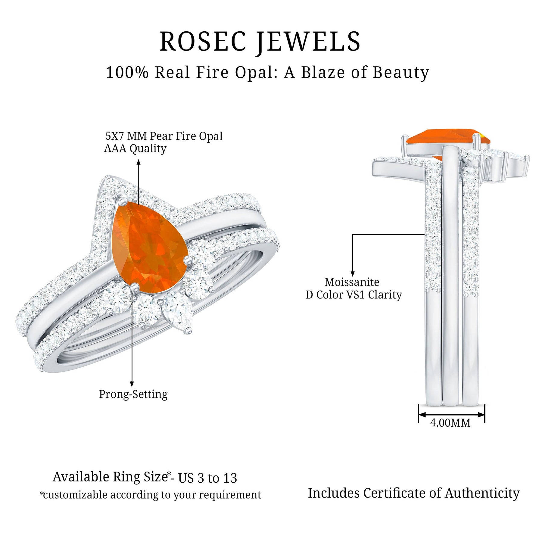 Pear Cut Fire Opal Trio Wedding Ring Set with Moissanite