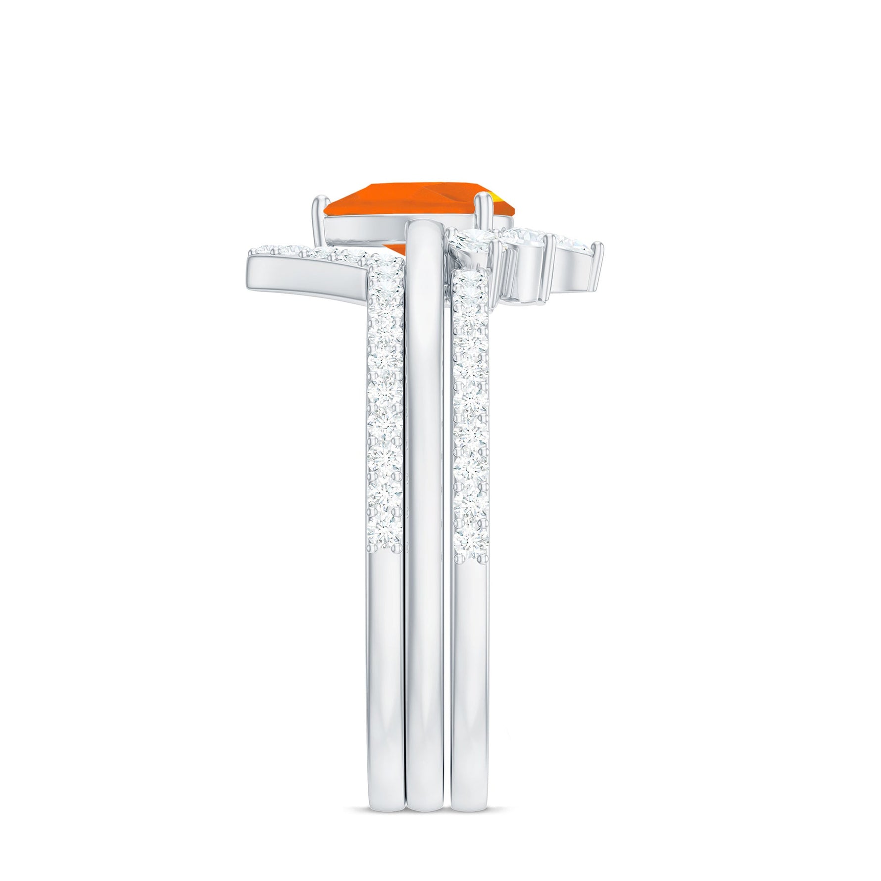 Pear Cut Fire Opal Trio Wedding Ring Set with Moissanite