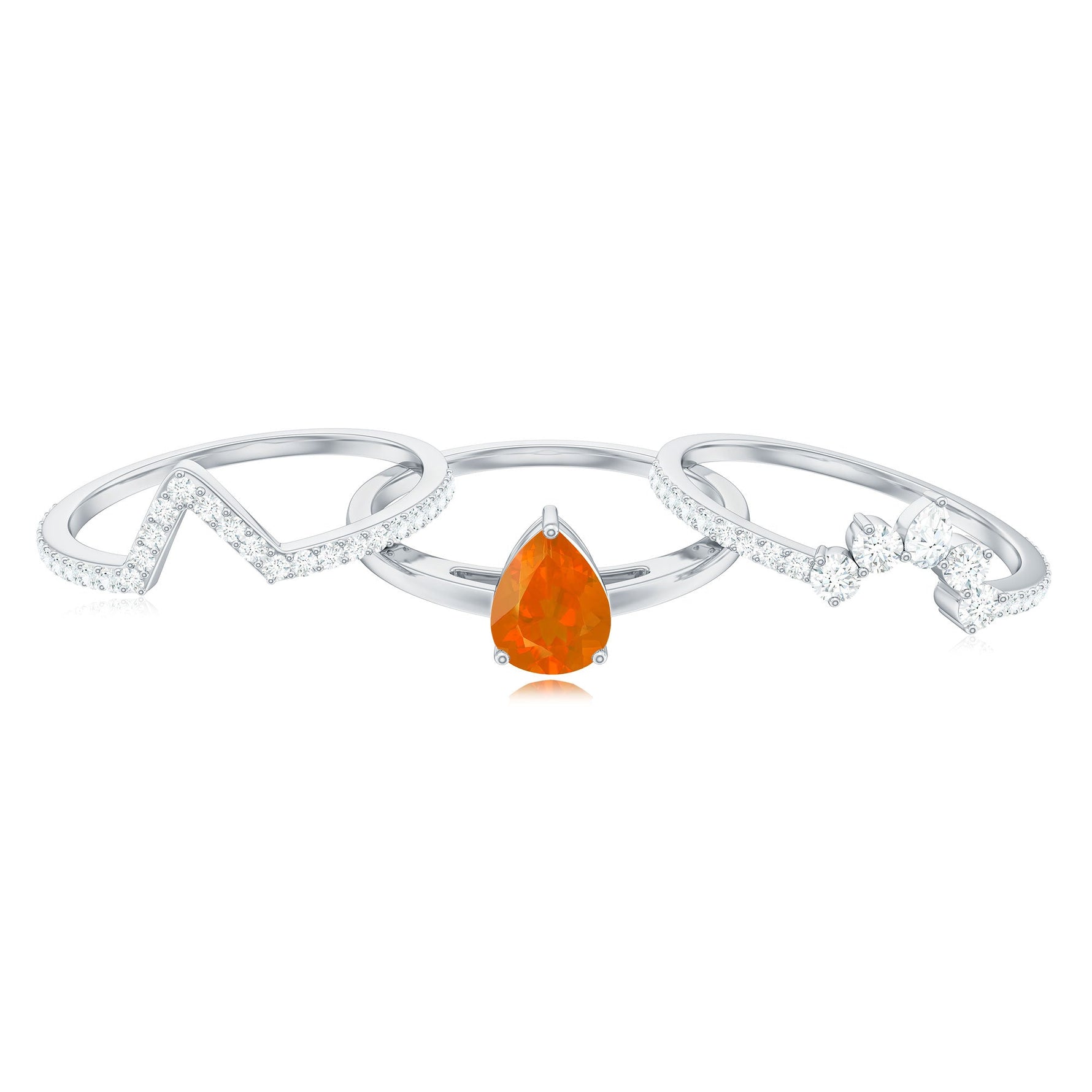 Pear Cut Fire Opal Trio Wedding Ring Set with Moissanite