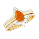 Pear Cut Fire Opal Trio Wedding Ring Set with Moissanite