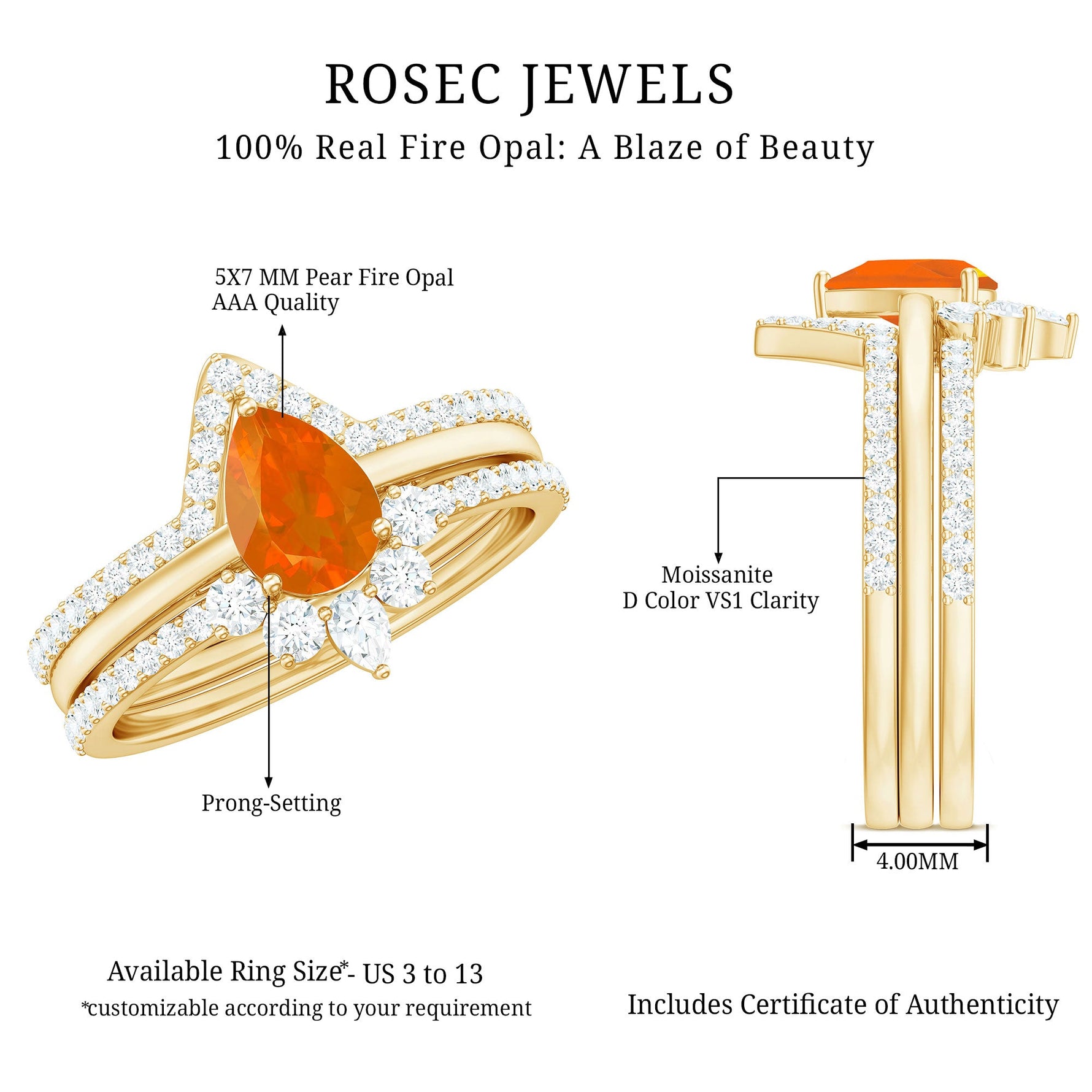 Pear Cut Fire Opal Trio Wedding Ring Set with Moissanite