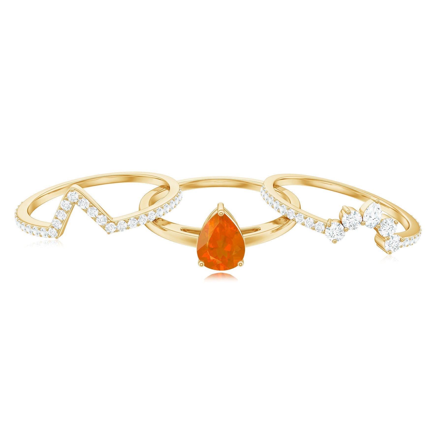 Pear Cut Fire Opal Trio Wedding Ring Set with Moissanite