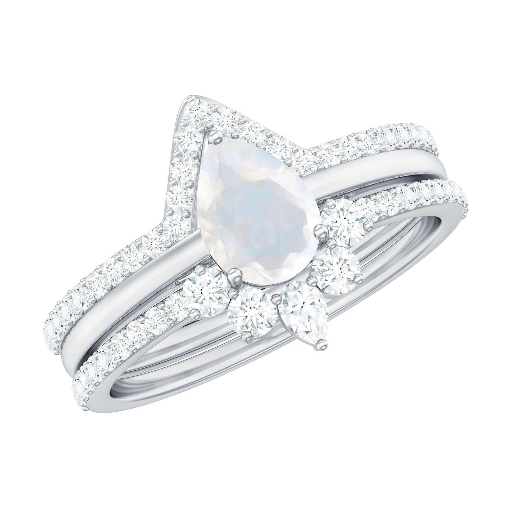 Pear Cut Moonstone Trio Wedding Ring Set with Moissanite