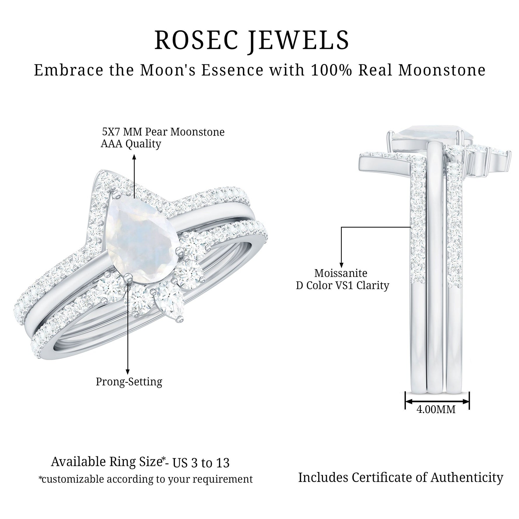 Pear Cut Moonstone Trio Wedding Ring Set with Moissanite