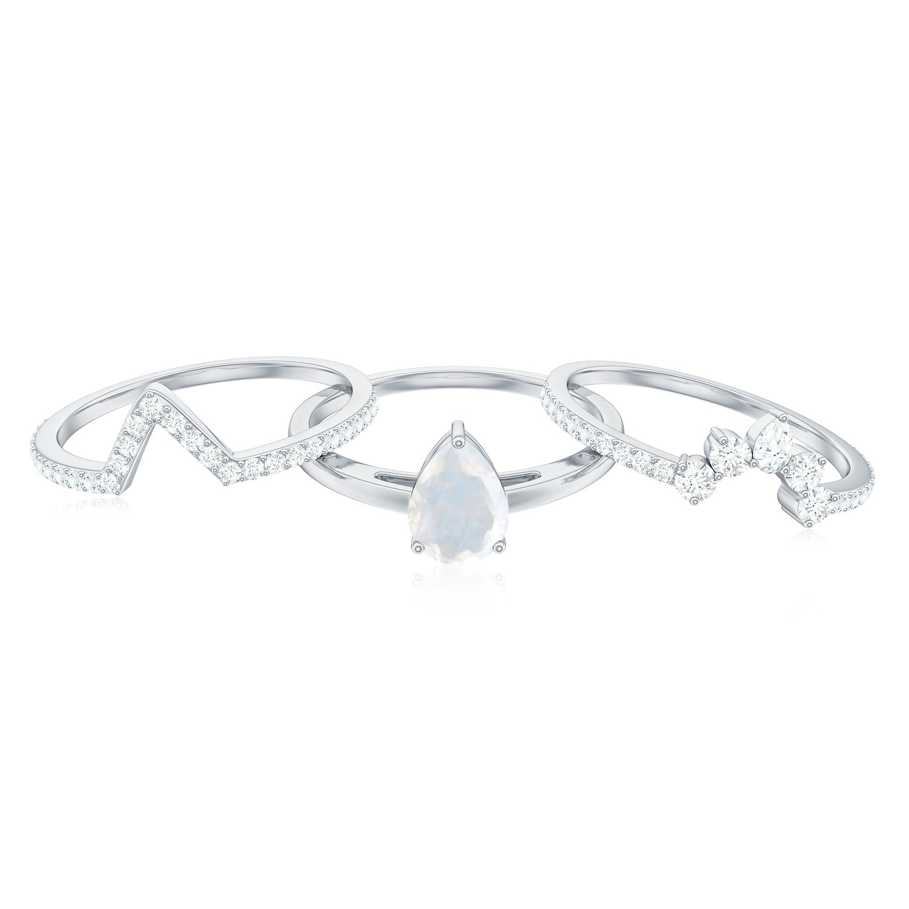 Pear Cut Moonstone Trio Wedding Ring Set with Moissanite