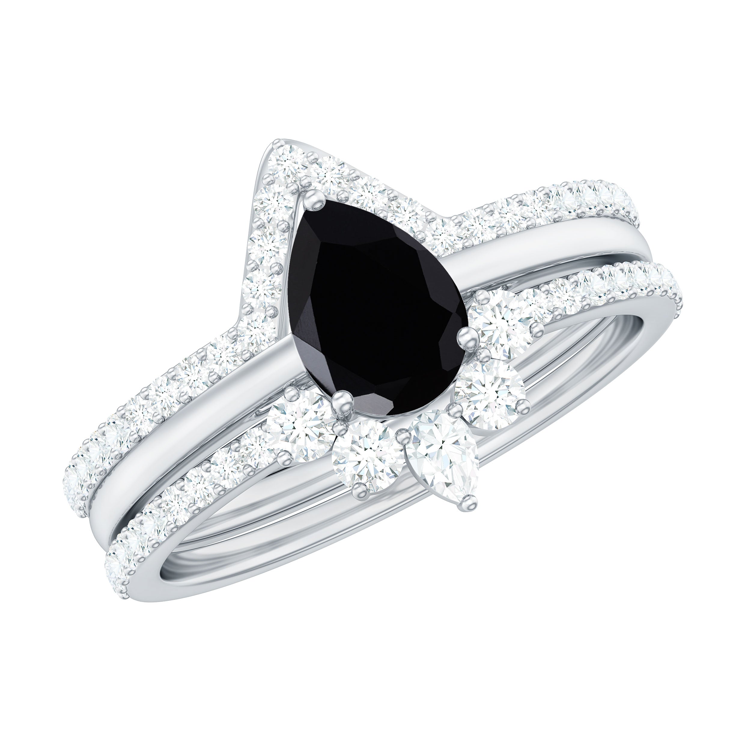 Pear Cut Black Spinel Trio Wedding Ring Set with Moissanite