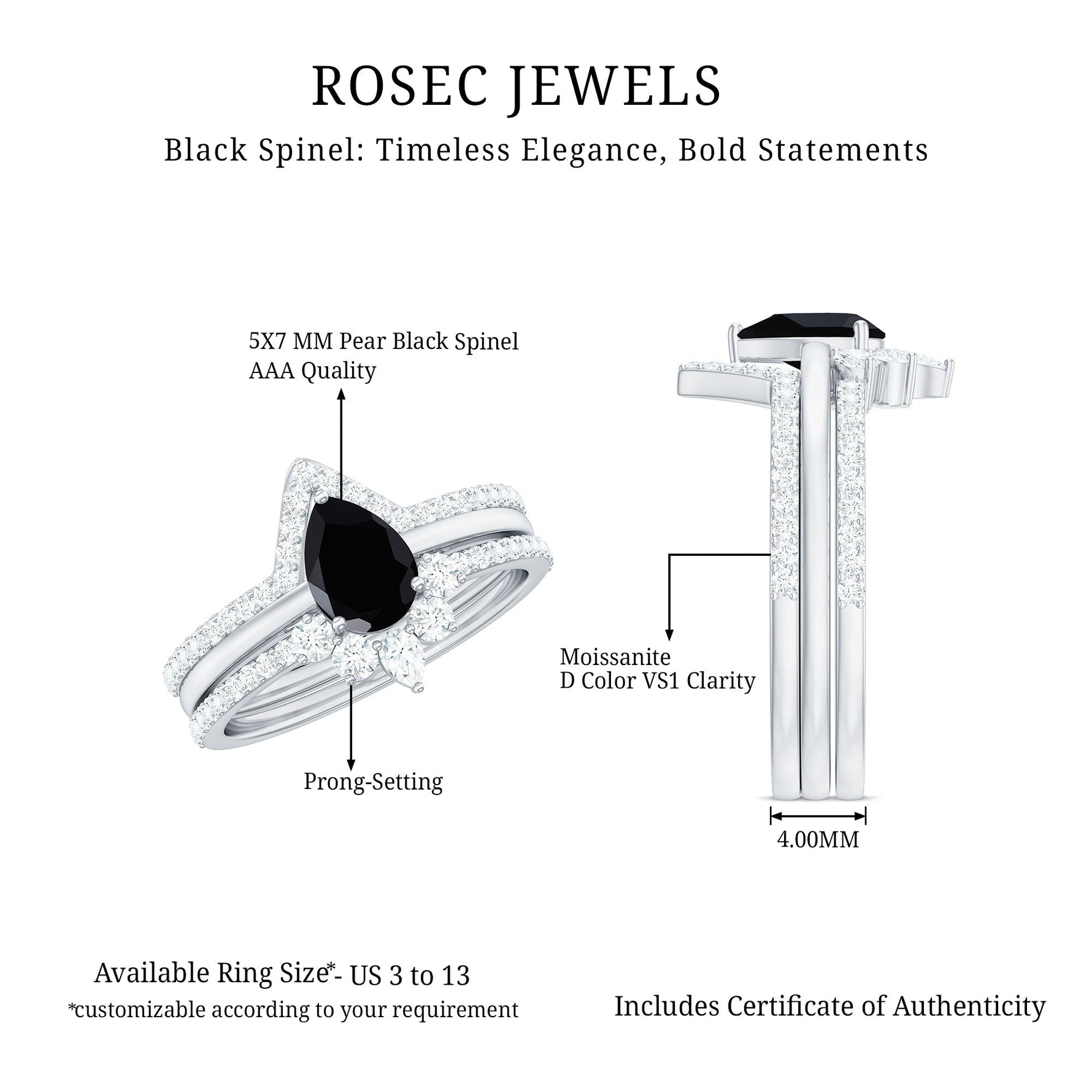 Pear Cut Black Spinel Trio Wedding Ring Set with Moissanite