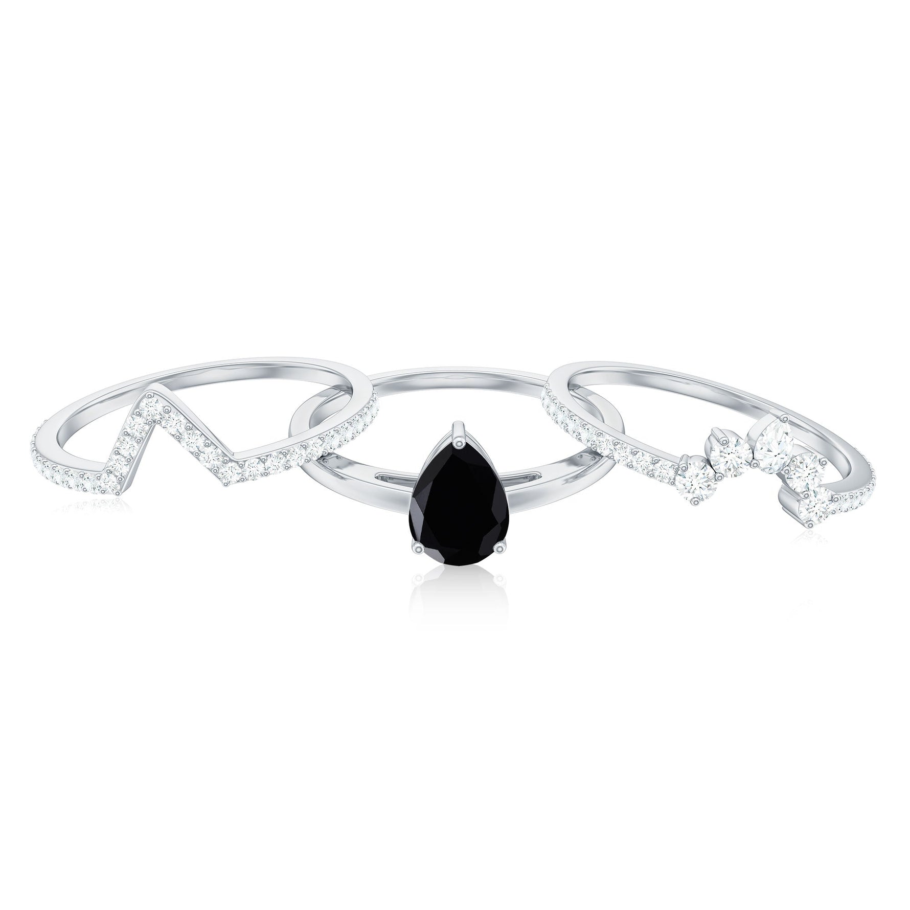 Pear Cut Black Spinel Trio Wedding Ring Set with Moissanite