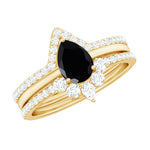 Pear Cut Black Spinel Trio Wedding Ring Set with Moissanite
