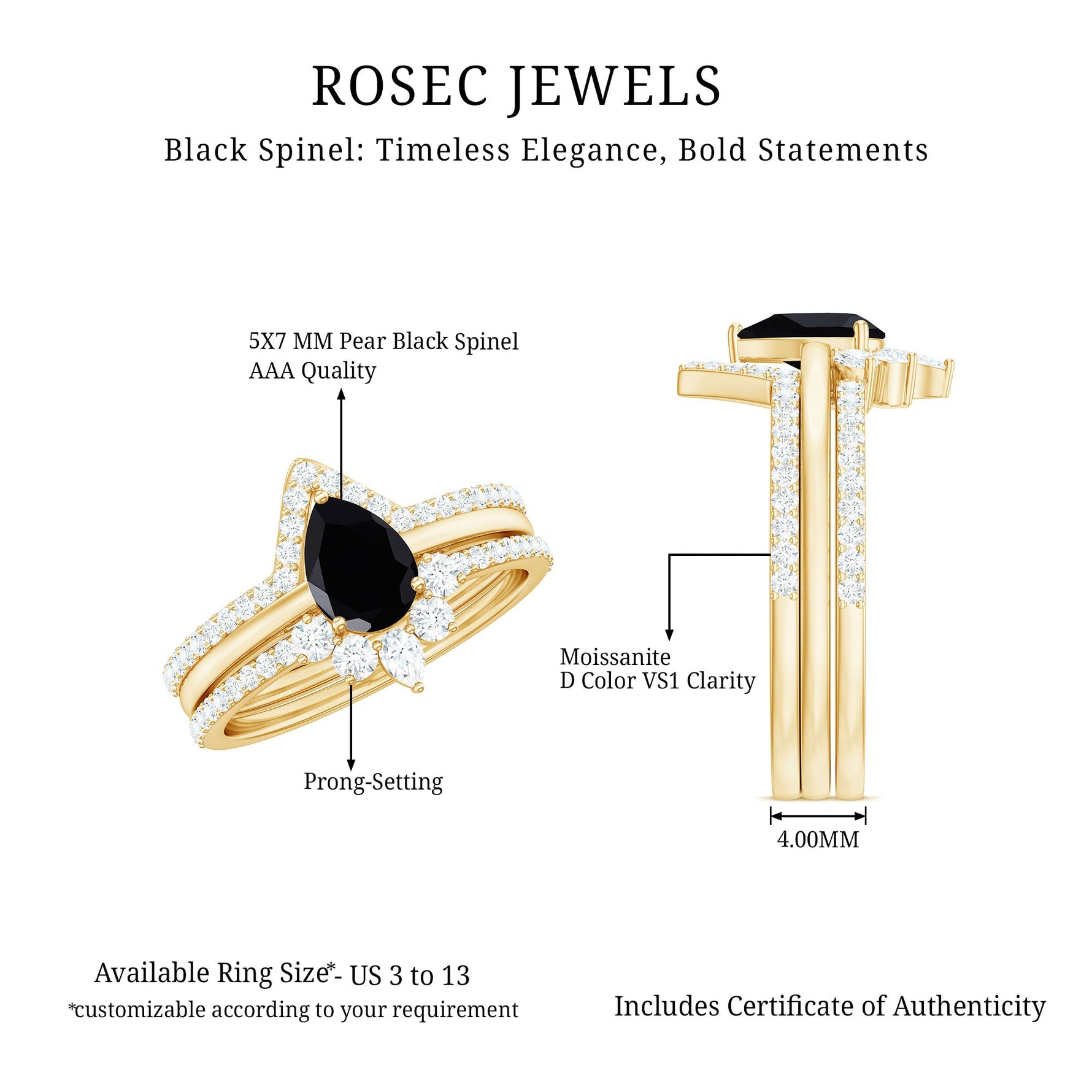 Pear Cut Black Spinel Trio Wedding Ring Set with Moissanite