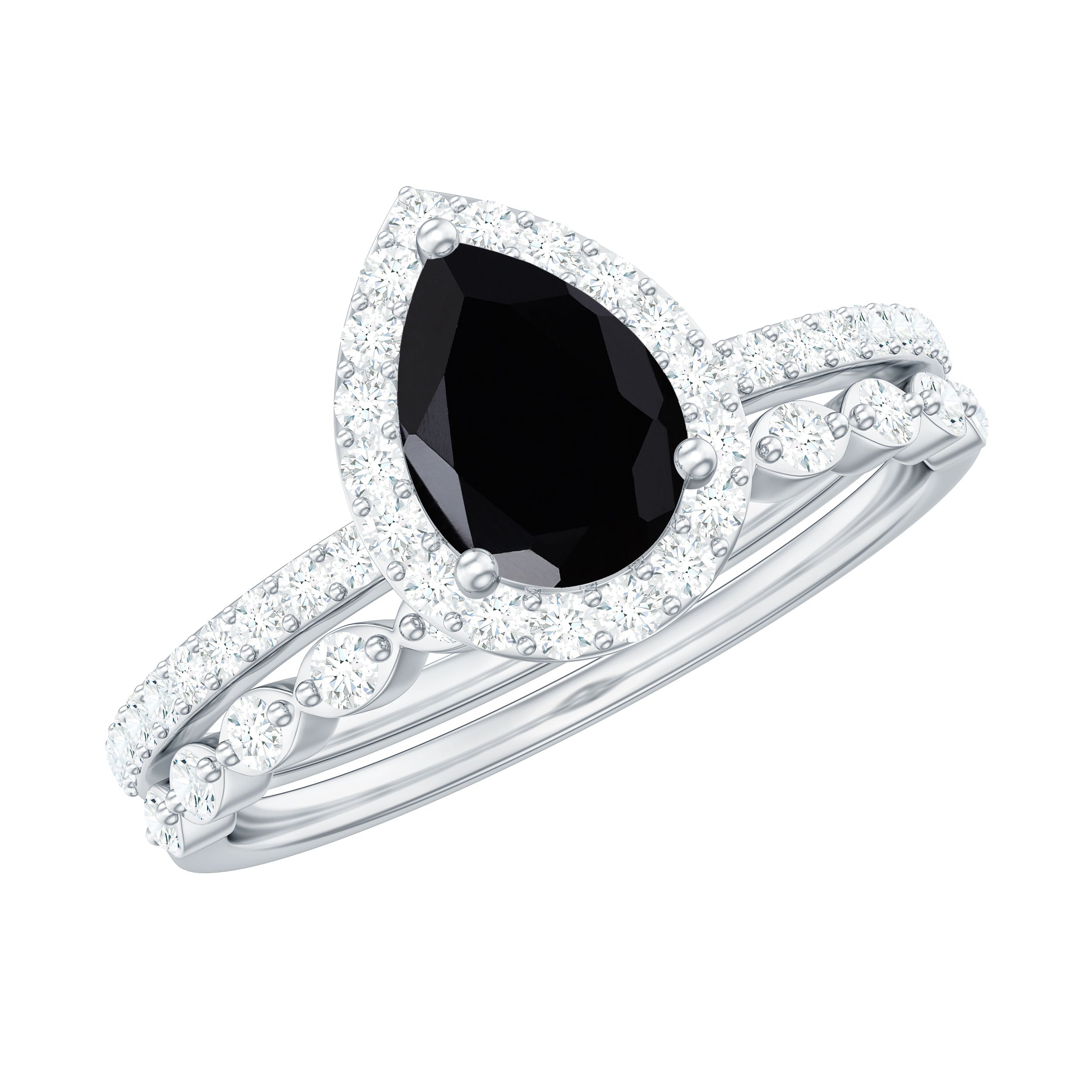 Pear Cut Black Spinel Wedding Ring Set with Diamond