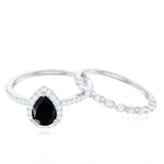 Pear Cut Black Spinel Wedding Ring Set with Diamond