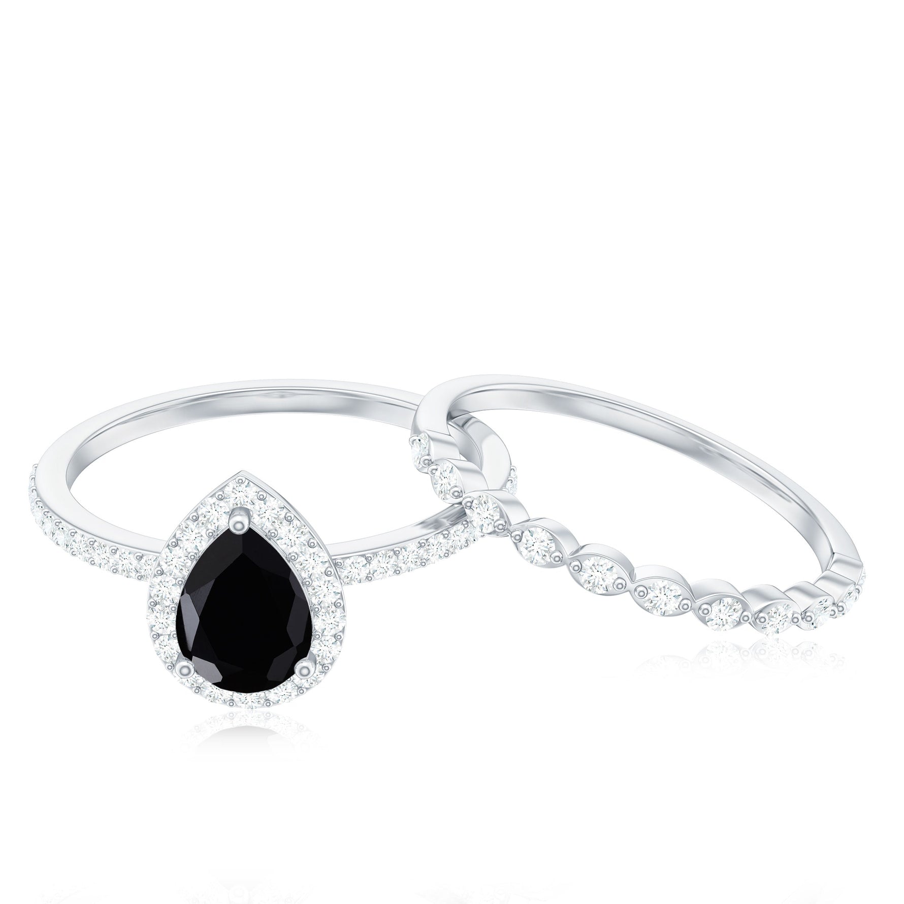 Pear Cut Black Spinel Wedding Ring Set with Diamond
