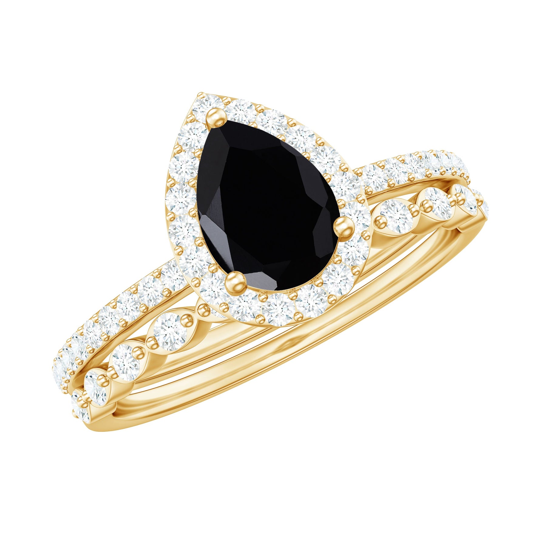 Pear Cut Black Spinel Wedding Ring Set with Diamond