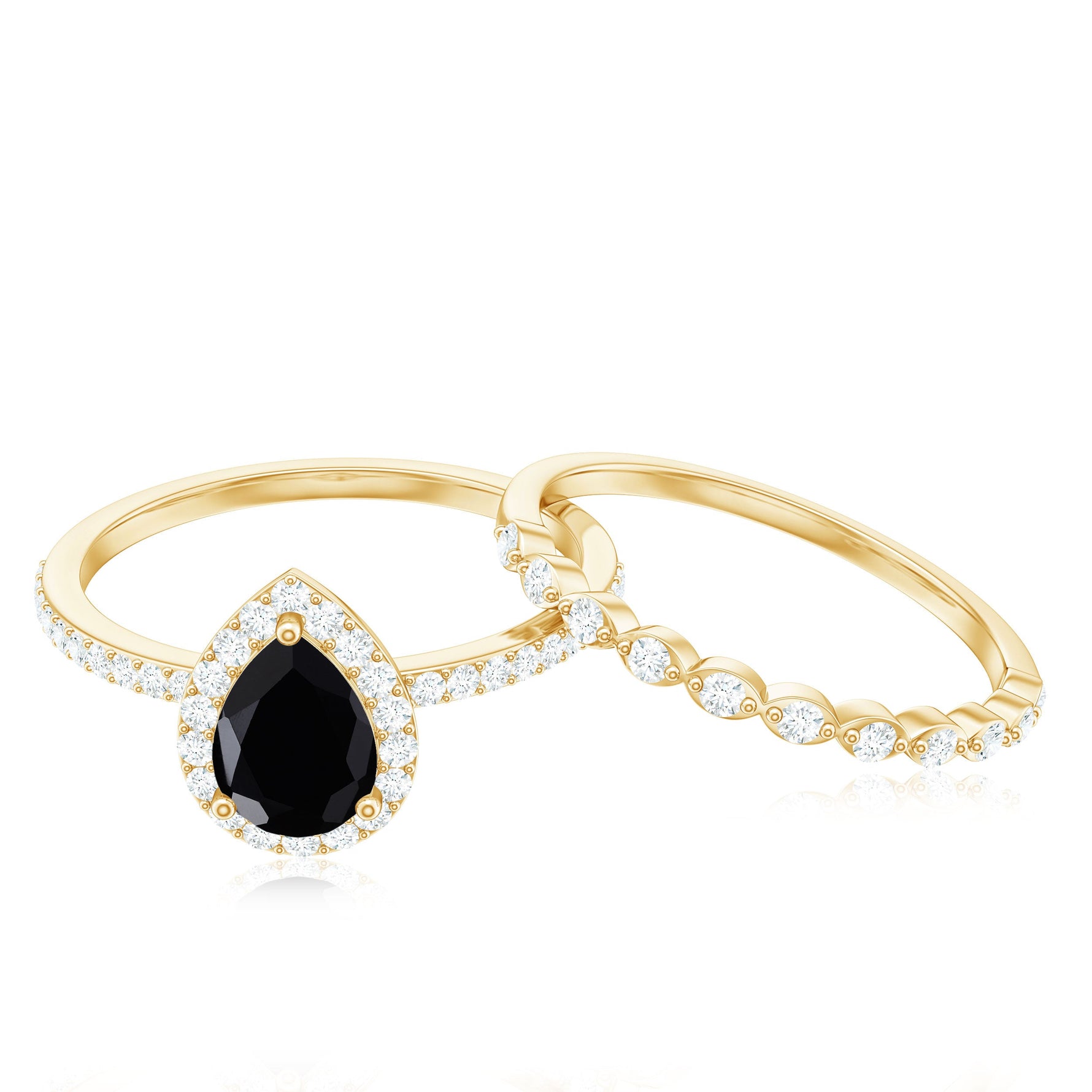 Pear Cut Black Spinel Wedding Ring Set with Diamond