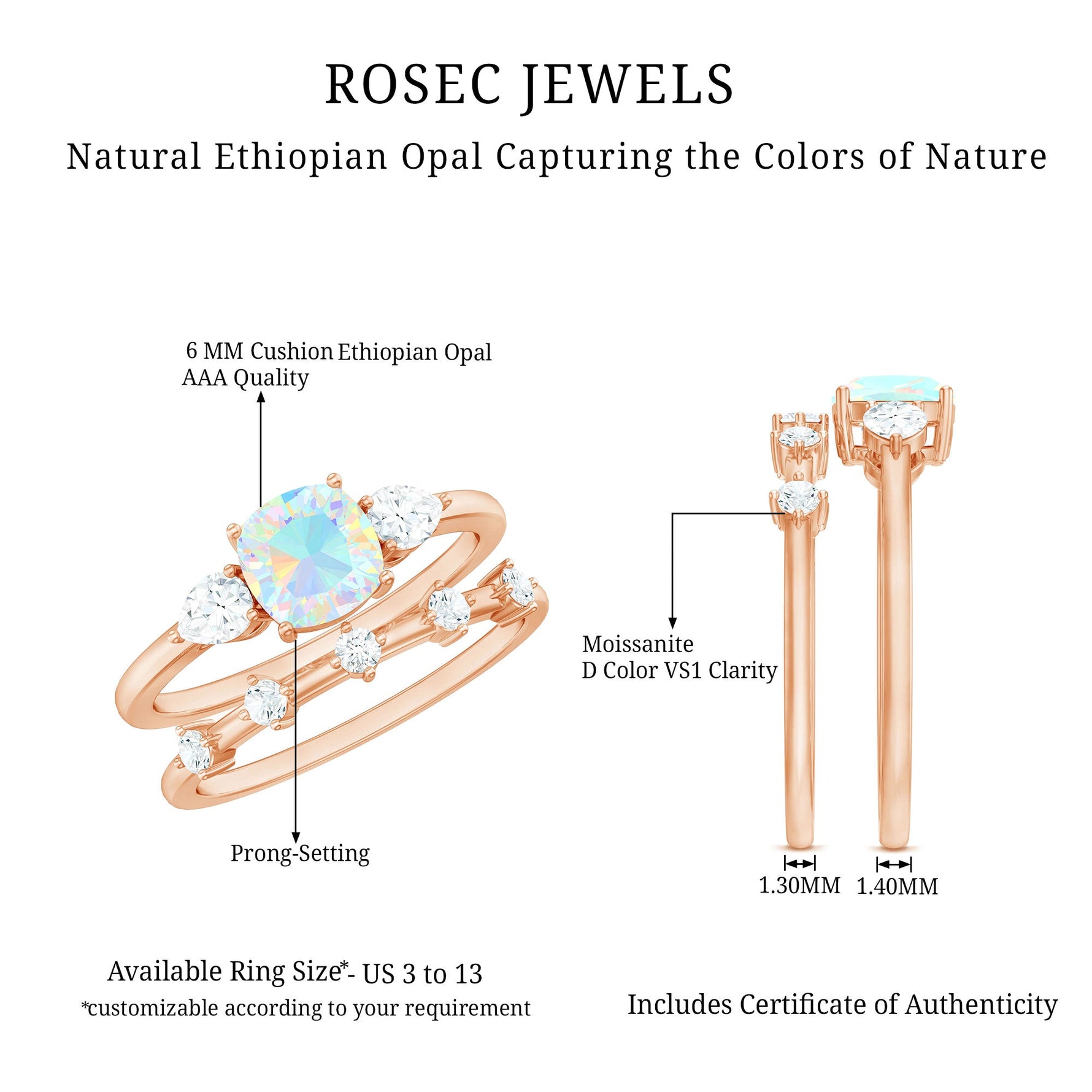 Cushion Cut Ethiopian Opal Wedding Ring Set with Moissanite