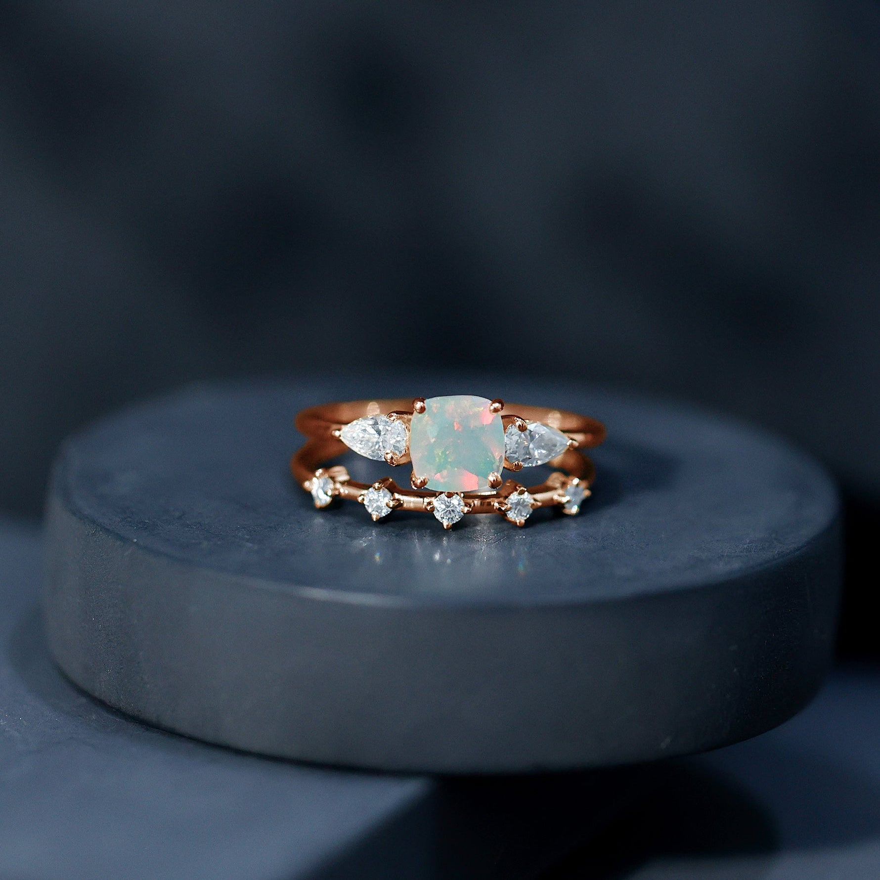 Cushion Cut Ethiopian Opal Wedding Ring Set with Moissanite