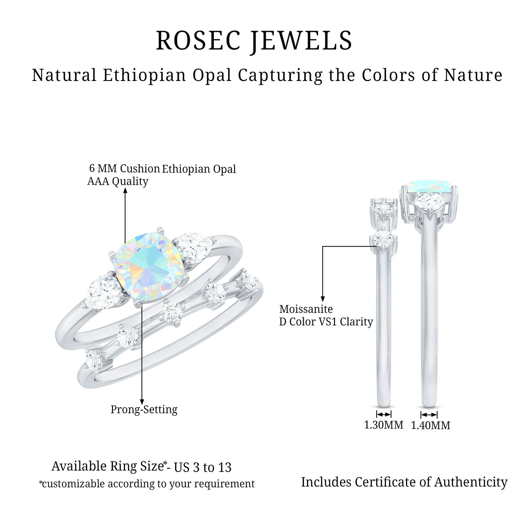 Cushion Cut Ethiopian Opal Wedding Ring Set with Moissanite