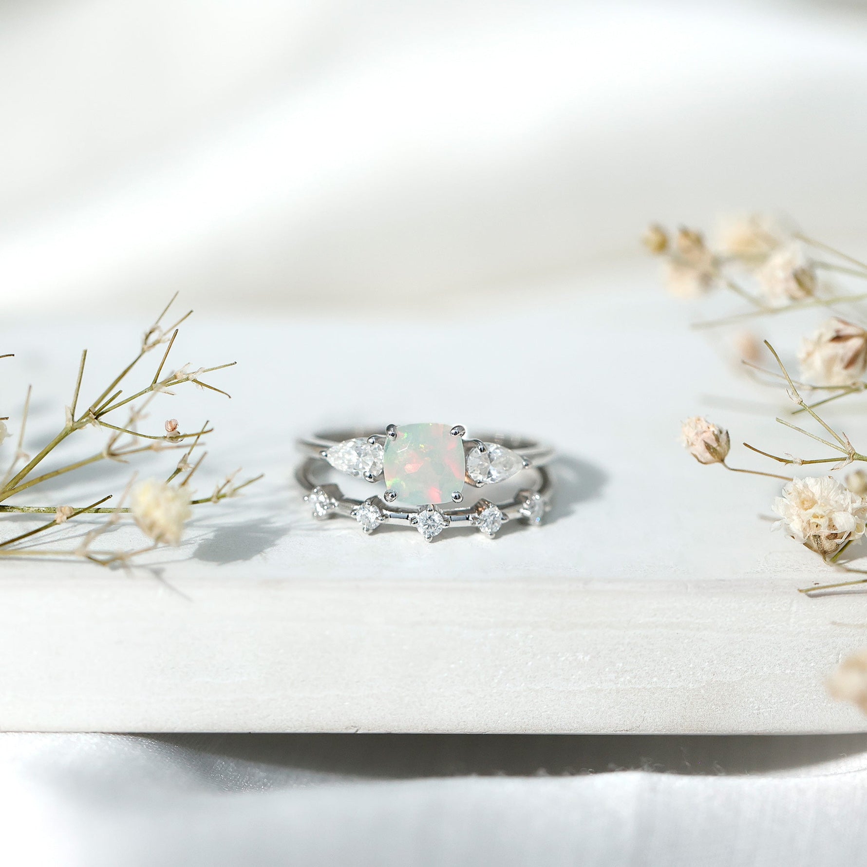 Cushion Cut Ethiopian Opal Wedding Ring Set with Moissanite