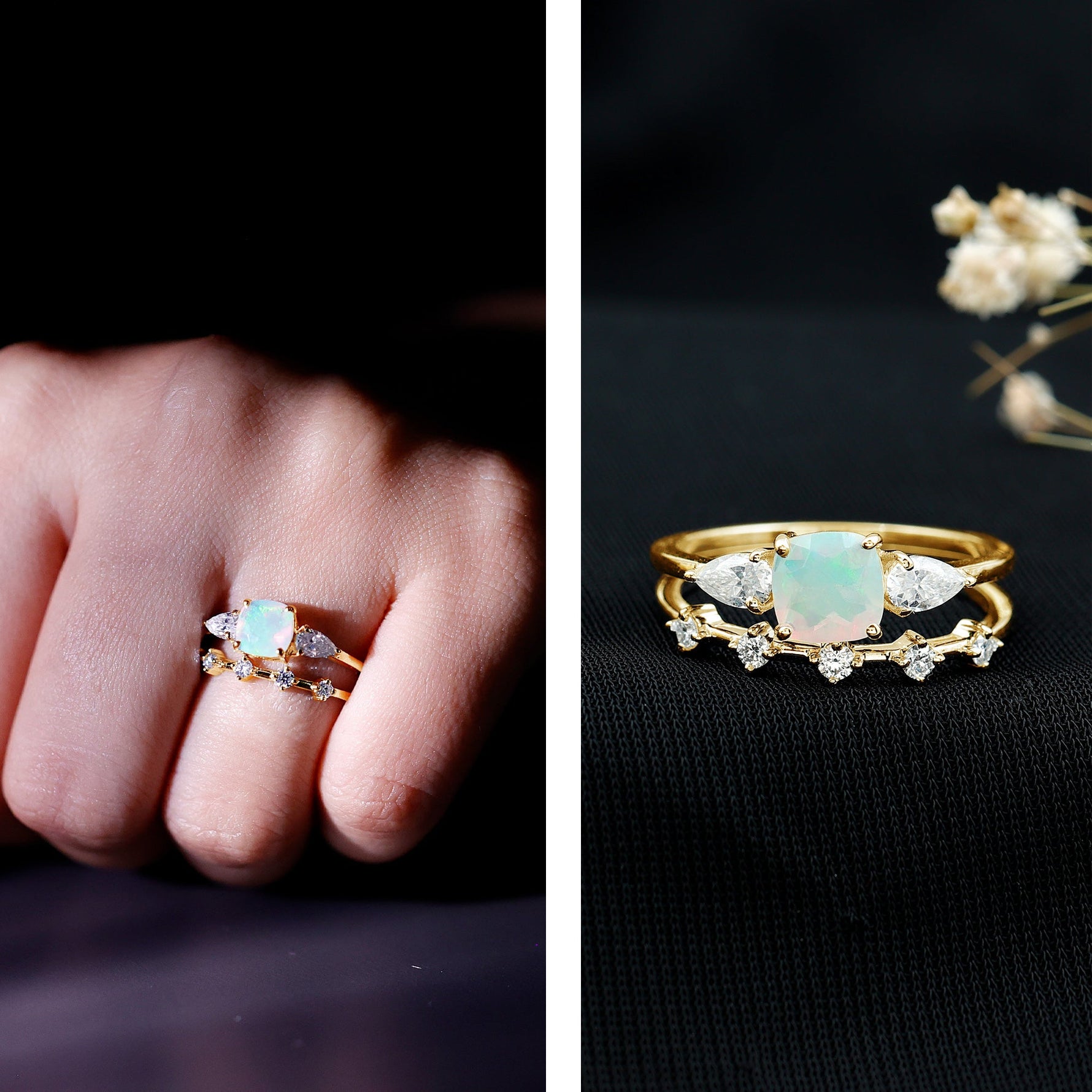 Cushion Cut Ethiopian Opal Wedding Ring Set with Moissanite