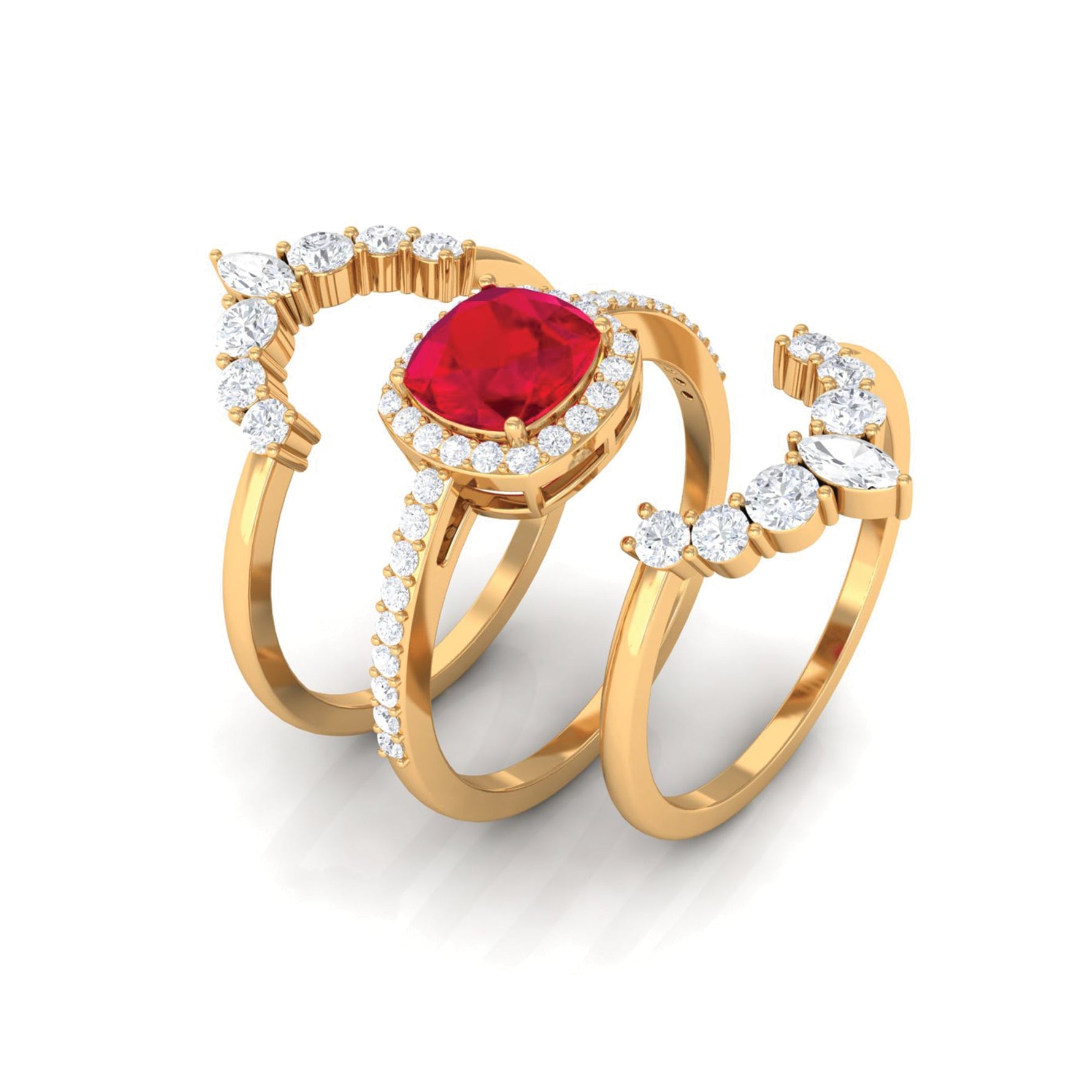 Cushion Cut Created Ruby Trio Wedding Ring Set with Moissanite