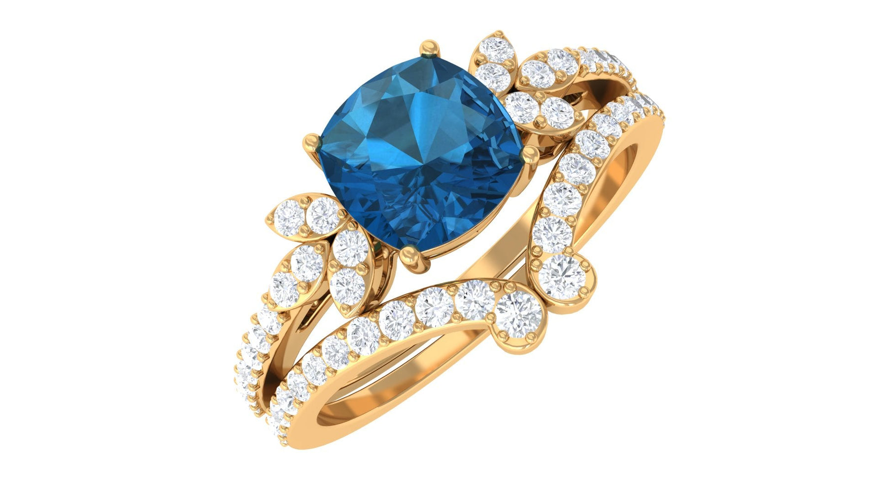 Cushion Cut London Blue Topaz Designer Wedding Ring Set with Diamond Band