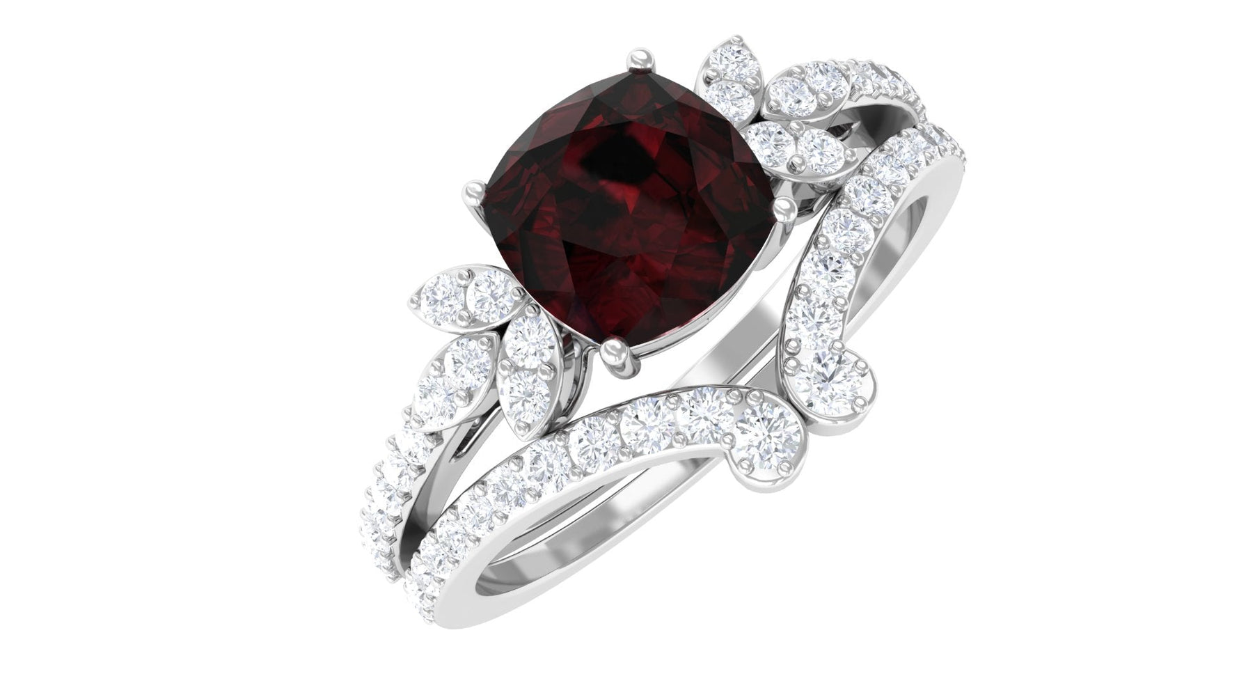 Cushion Cut Garnet and Diamond Designer Wedding Ring Set For Her