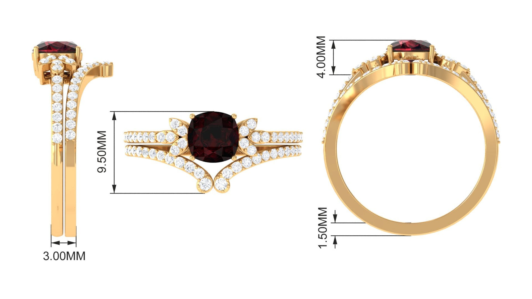 Cushion Cut Garnet and Diamond Designer Wedding Ring Set For Her