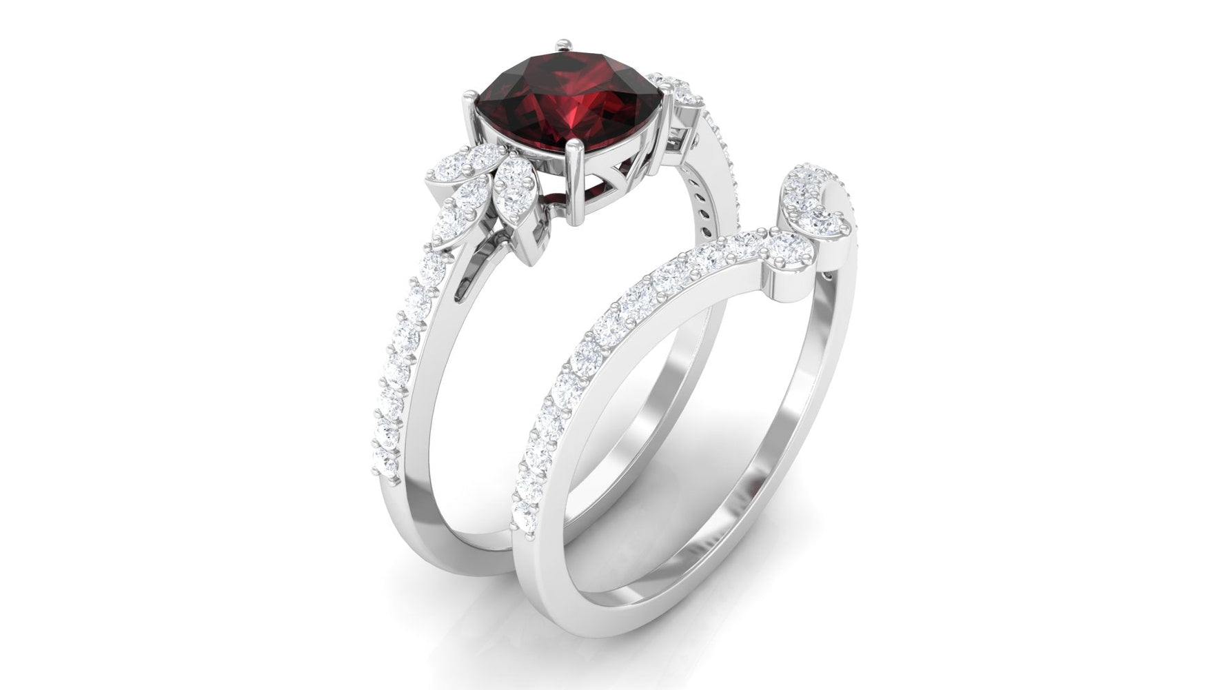 Cushion Cut Garnet and Diamond Designer Wedding Ring Set For Her