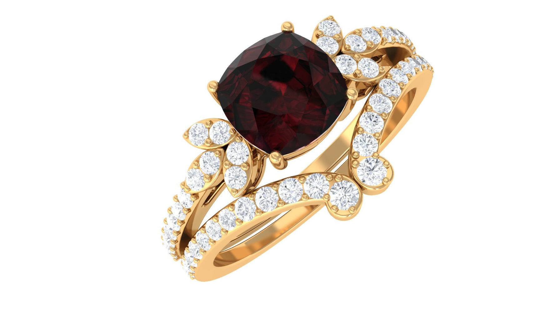 Cushion Cut Garnet and Diamond Designer Wedding Ring Set For Her