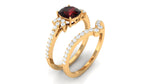 Cushion Cut Garnet and Diamond Designer Wedding Ring Set For Her
