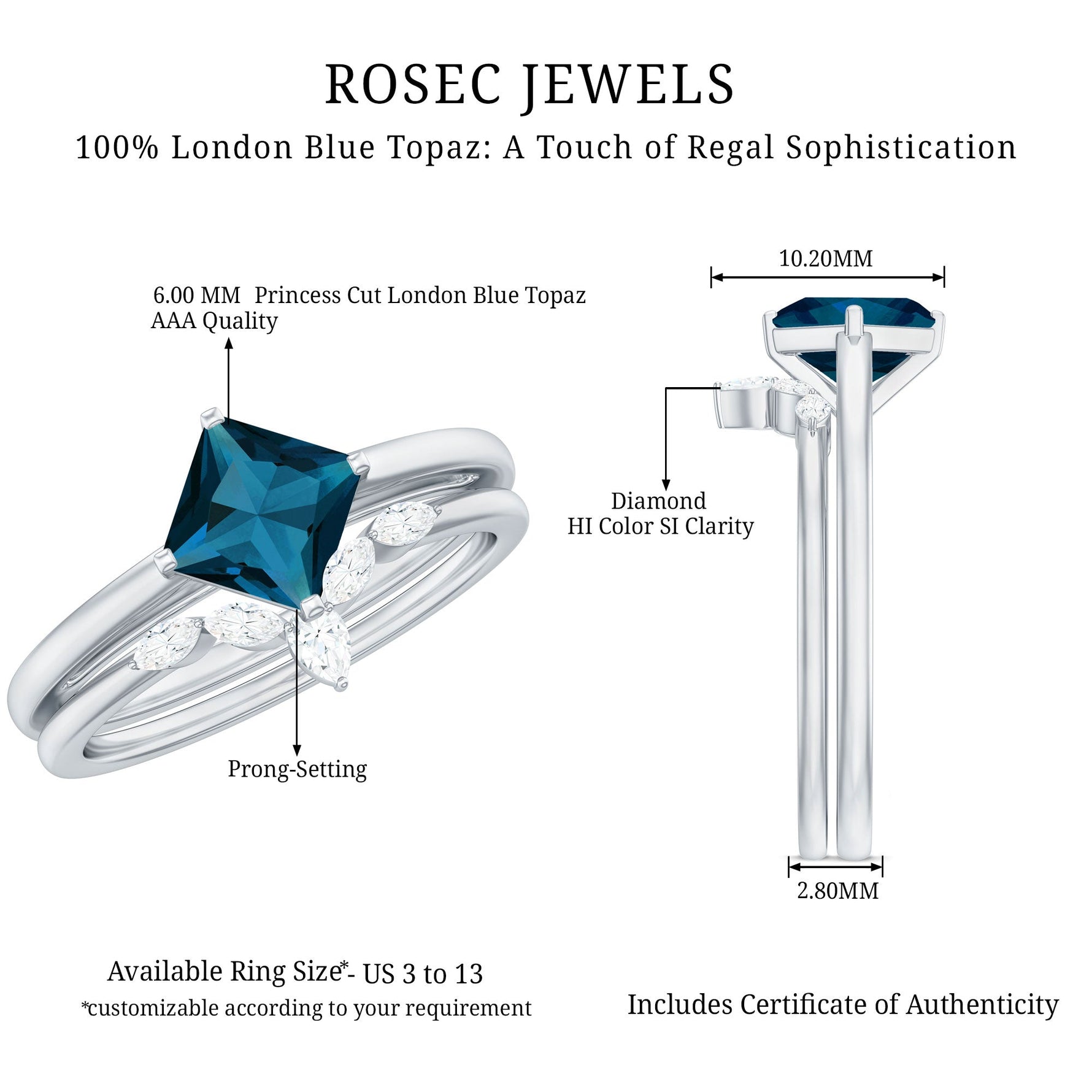 Princess Cut London Blue Topaz Designer Wedding Ring Set for Women