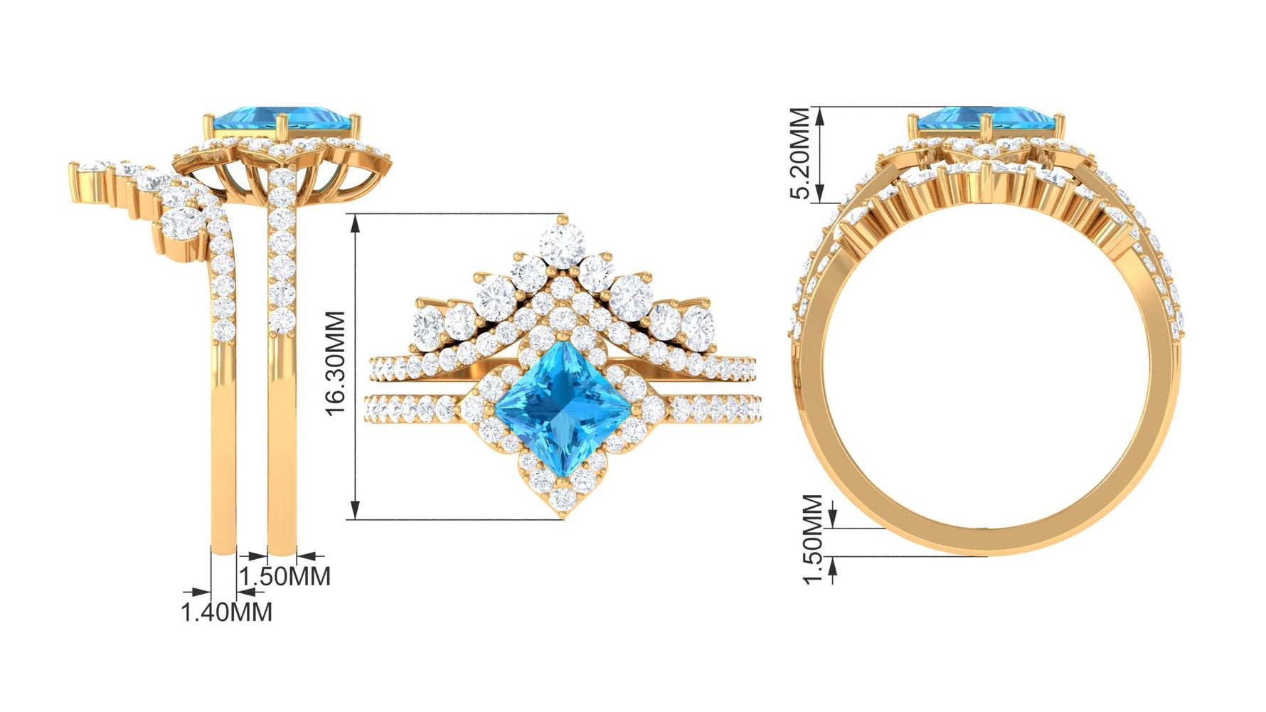 2.75 CT Swiss Blue Topaz and Moissanite Statement Wedding Ring Set
