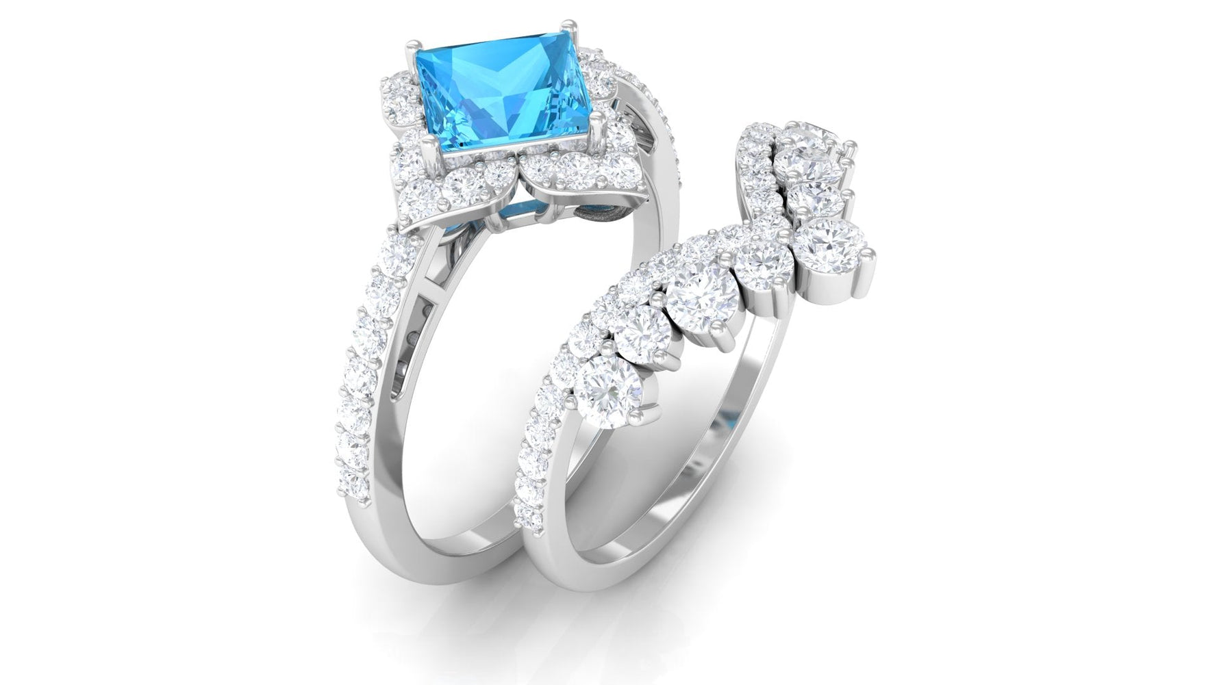 2.75 CT Swiss Blue Topaz and Moissanite Statement Wedding Ring Set