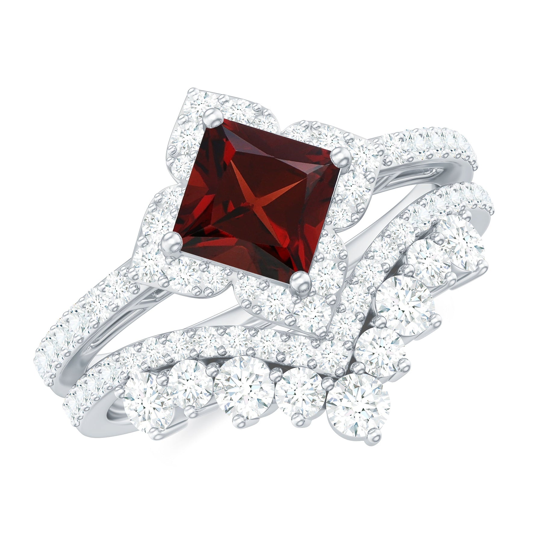 Princess Cut Garnet Designer Wedding Ring Set with Moissanite